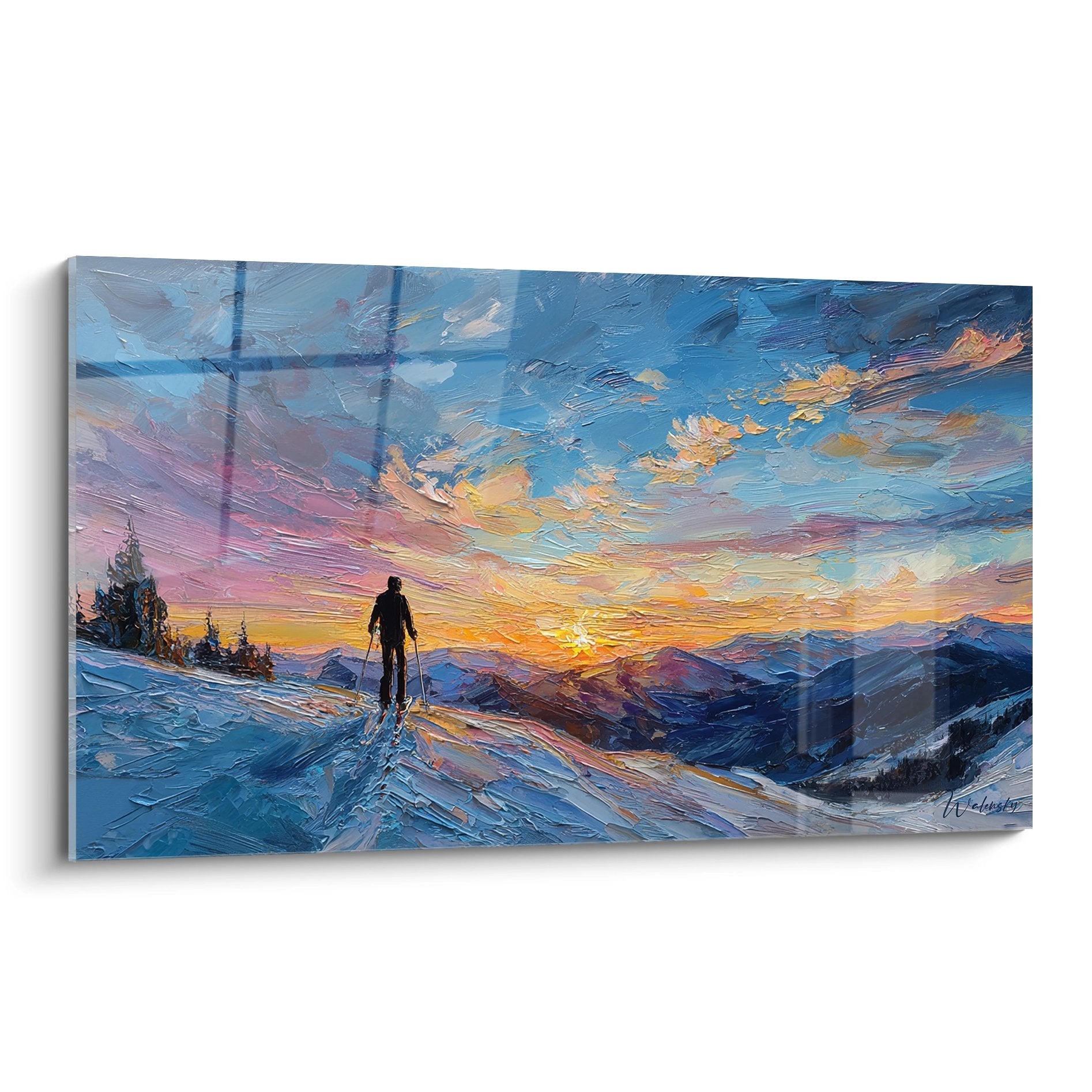 Tableau peinture skieur contemplant coucher soleil montagne enneigee art mural decoration ski alpin