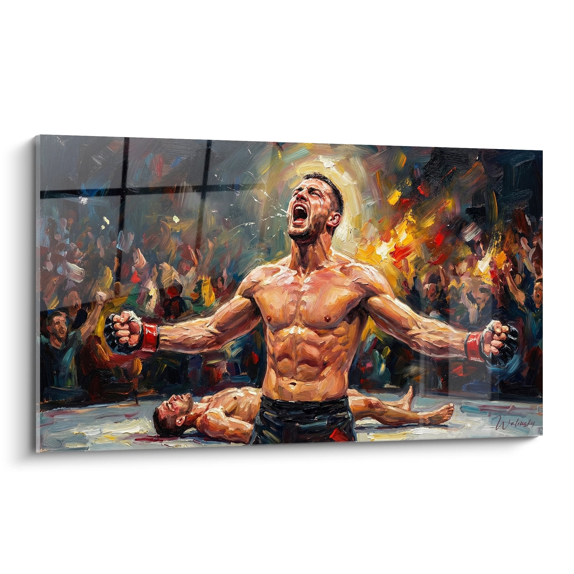 Tableau moderne d'un combattant MMA victorieux bras leves celebrant dans l'octogone avec public en arriere-plan