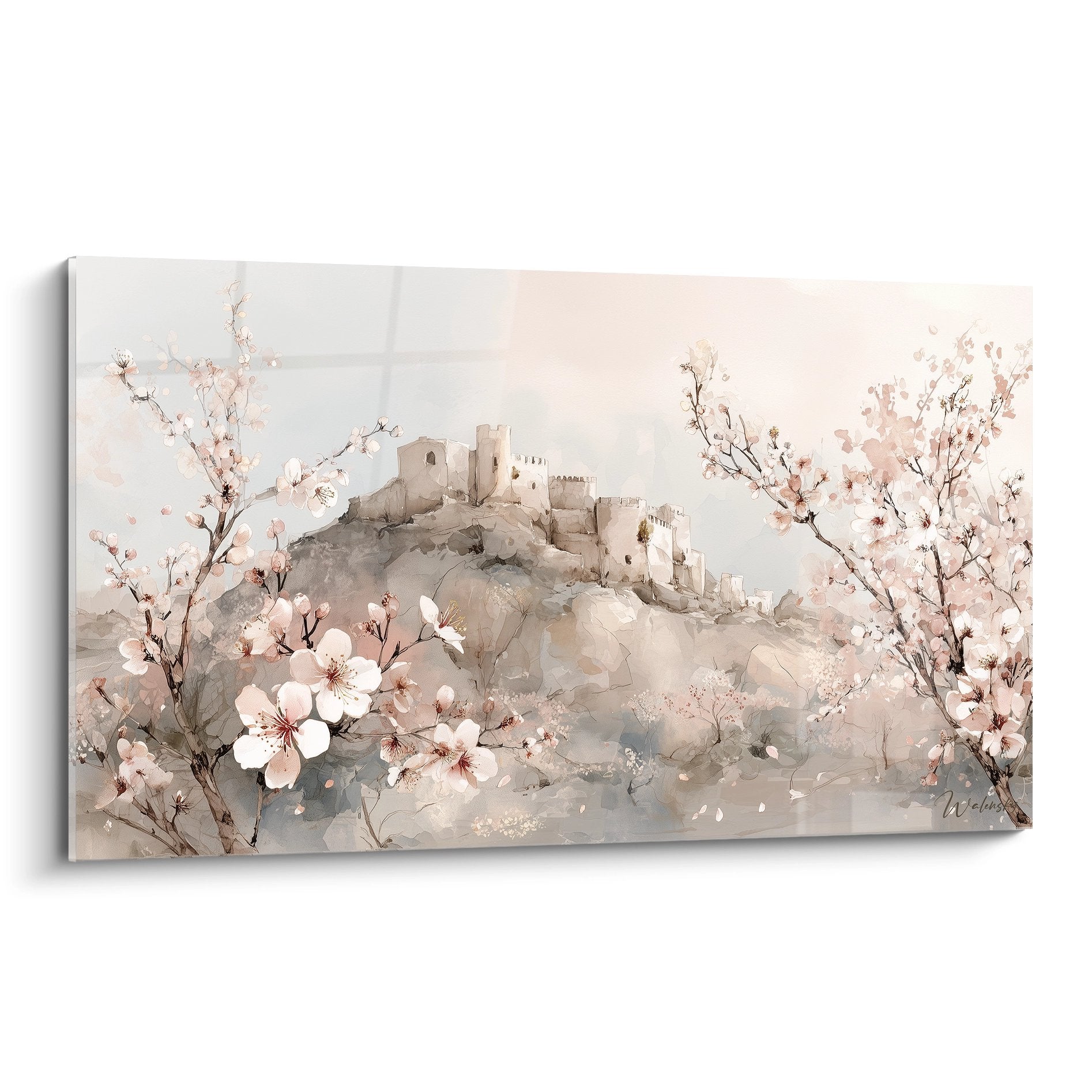 Tableau cerisiers en fleurs avec château perché, tons roses et beiges, style aquarelle provençal