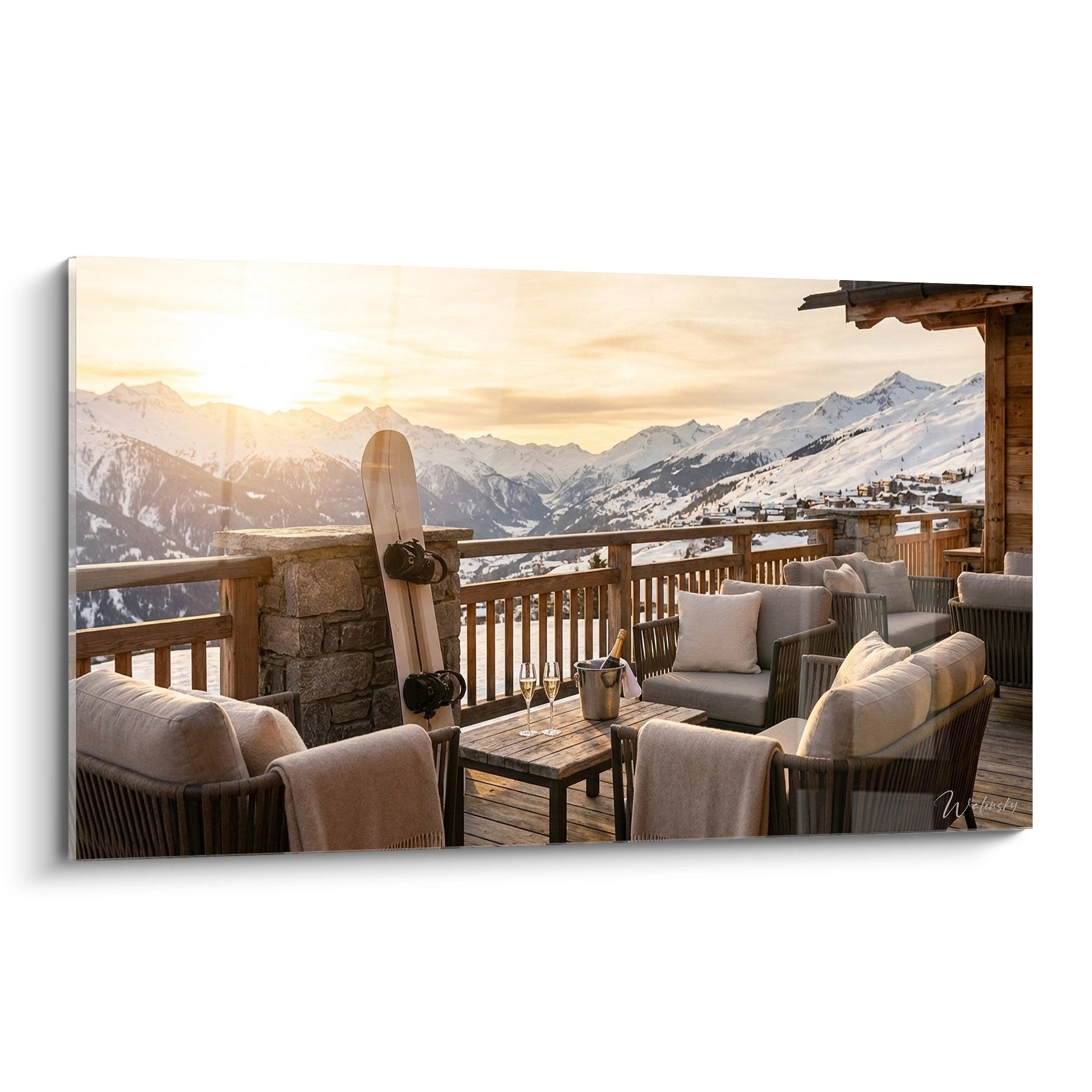 Tableau terrasse chalet luxueux avec vue montagne enneigée, mobilier cosy et snowboard, ambiance après-ski doré