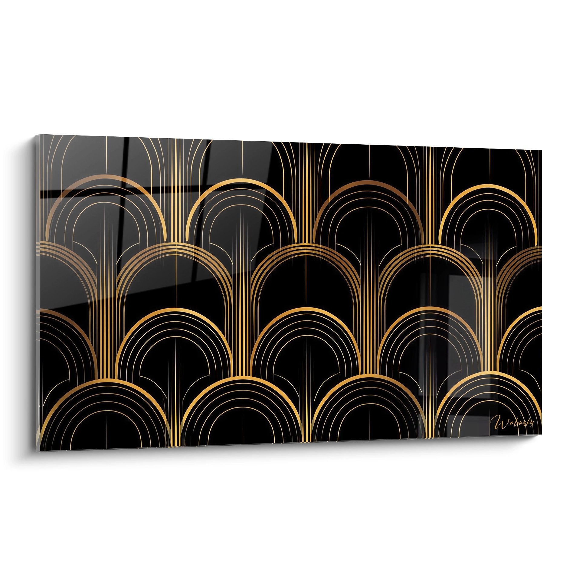 Tableau art deco motifs arches dorees geometriques sur fond noir decoration murale moderne