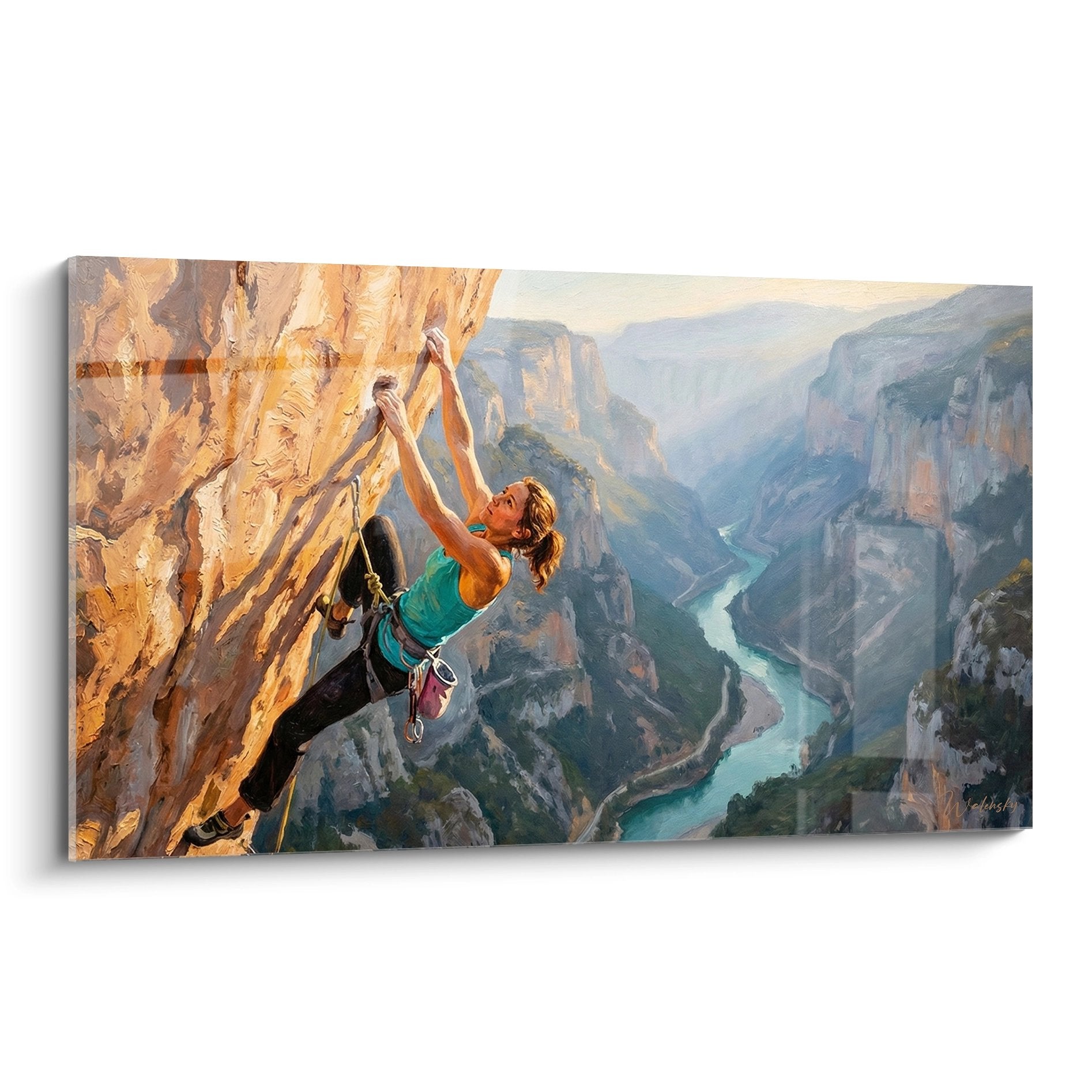 Tableau escalade montrant une grimpeuse sur falaise rocheuse avec vue panoramique canyon et rivière turquoise