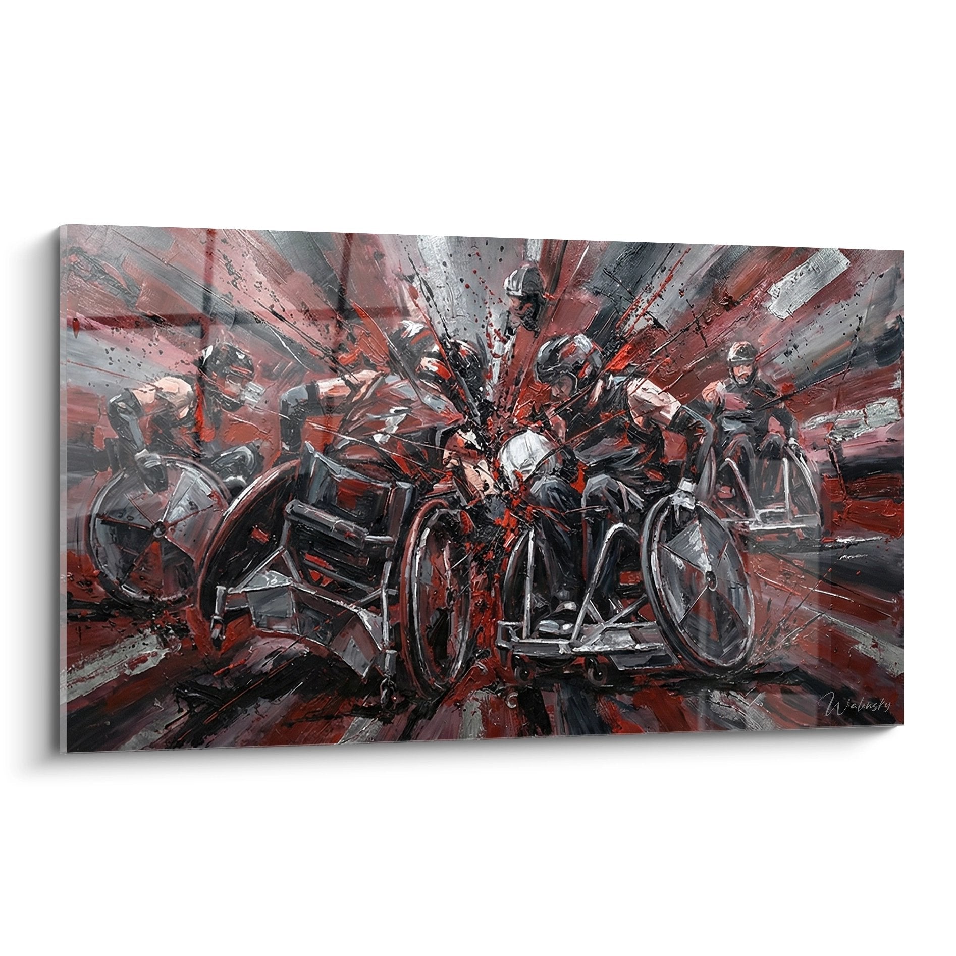 Tableau artistique représentant une course handisport avec plusieurs athlètes paralympiques en fauteuil roulant