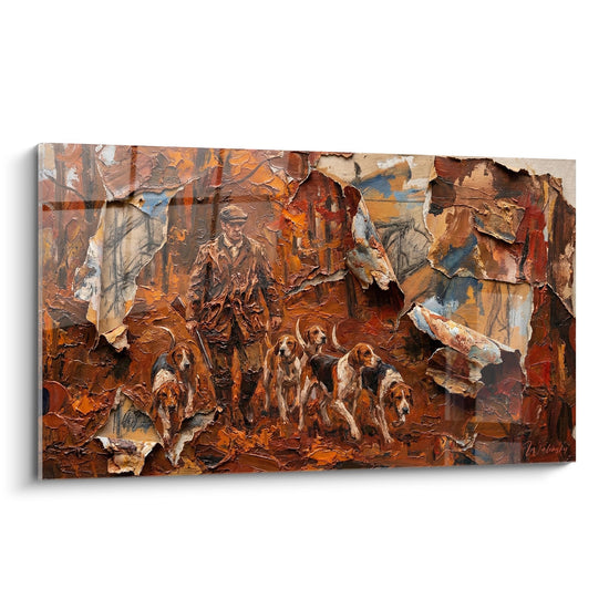 Quadro di caccia alla lepre che rappresenta un cacciatore con una muta di cani nella foresta autunnale, pittura con impasto