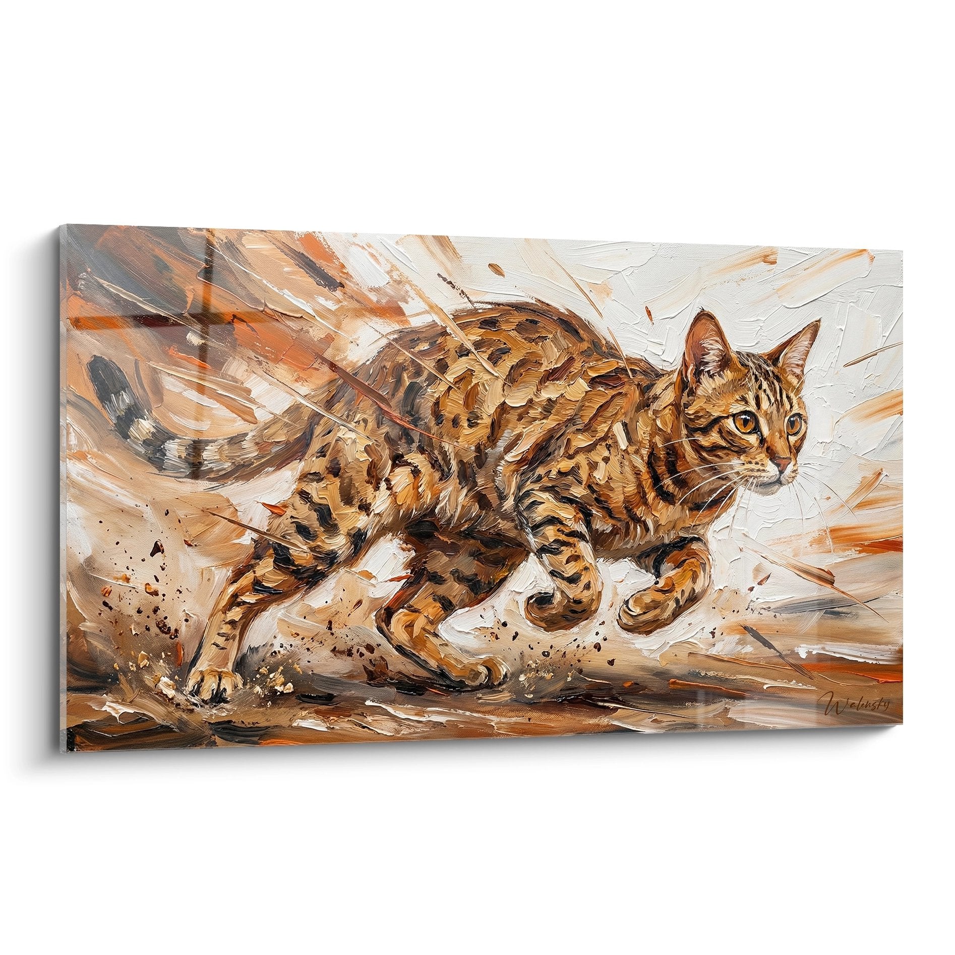 Tableau artistique d'un chat Ocicat tacheté en mouvement sur toile, peinture aux tons ocre et orange