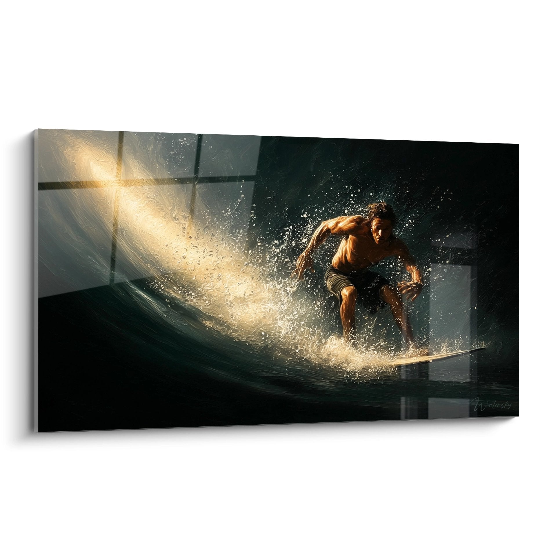 Tableau surf représentant un surfeur dans une vague dorée avec effets lumineux et projections d'eau