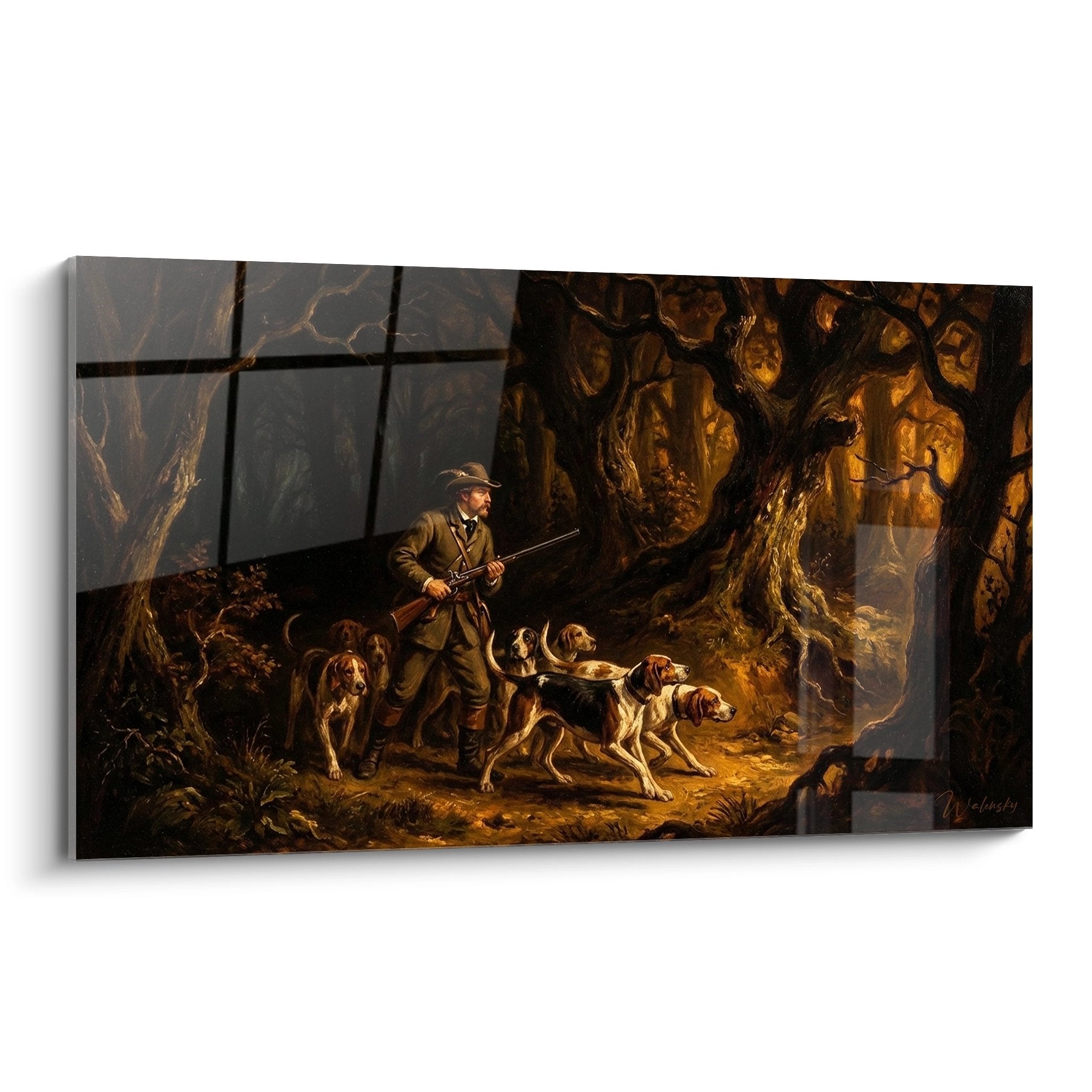 Tableau représentant un chasseur avec sa meute de chiens dans une forêt aux arbres centenaires, scène de chasse classique