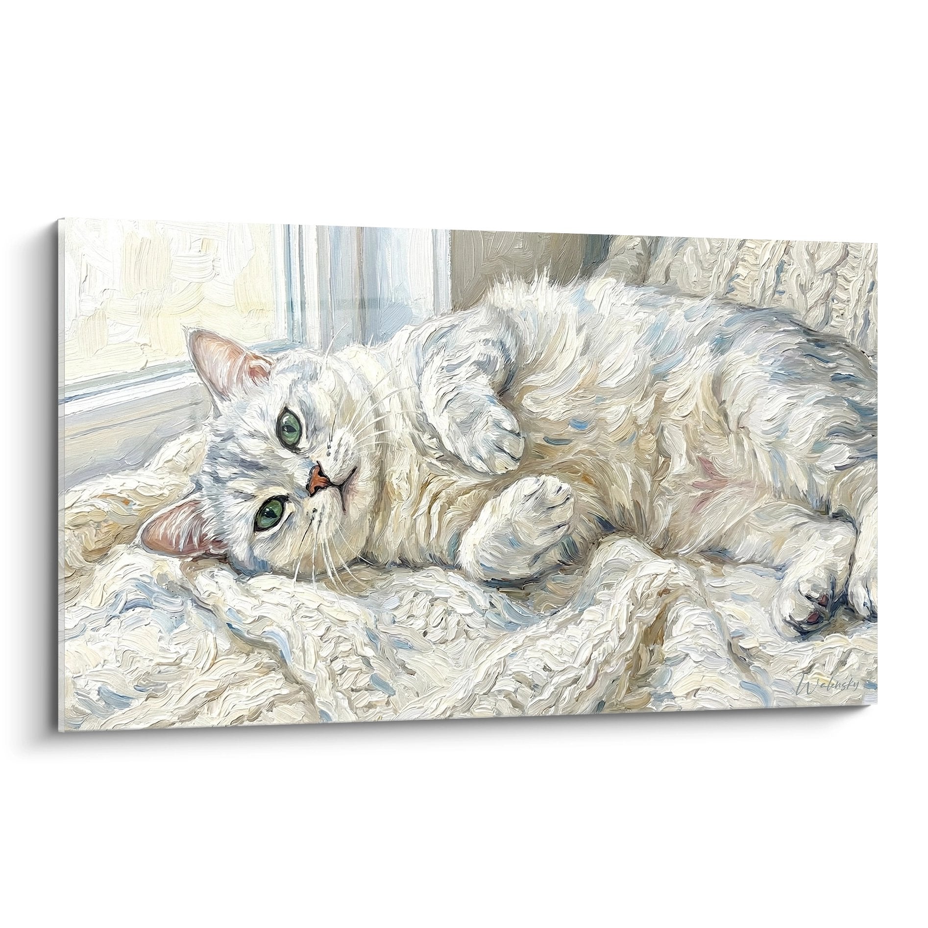 Tableau artistique chat blanc aux yeux verts allongé sur lit, style peinture post-impressionniste