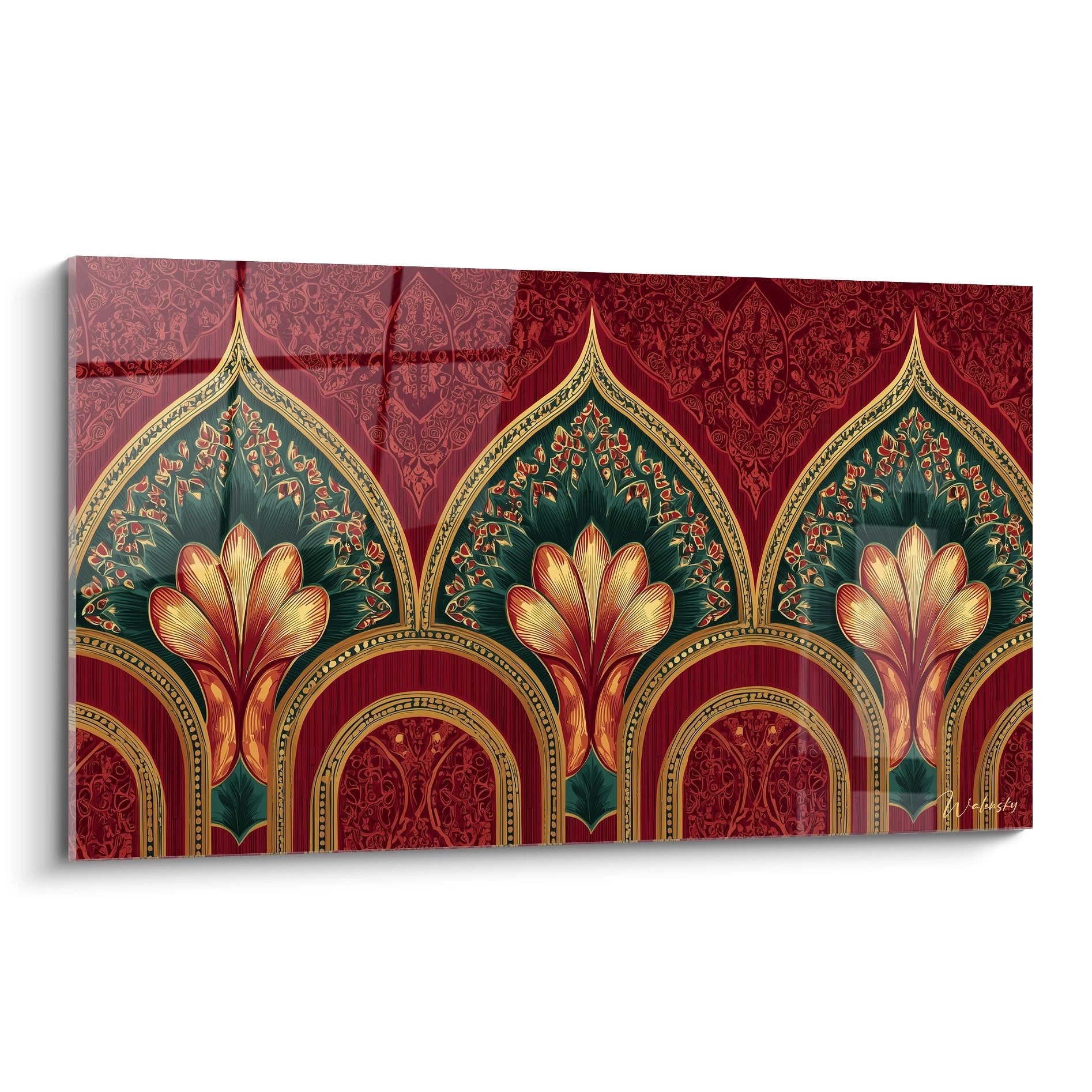 Tableau art deco aux arches orientales dorees sur fond rouge avec motifs floraux et ornements sophistiques