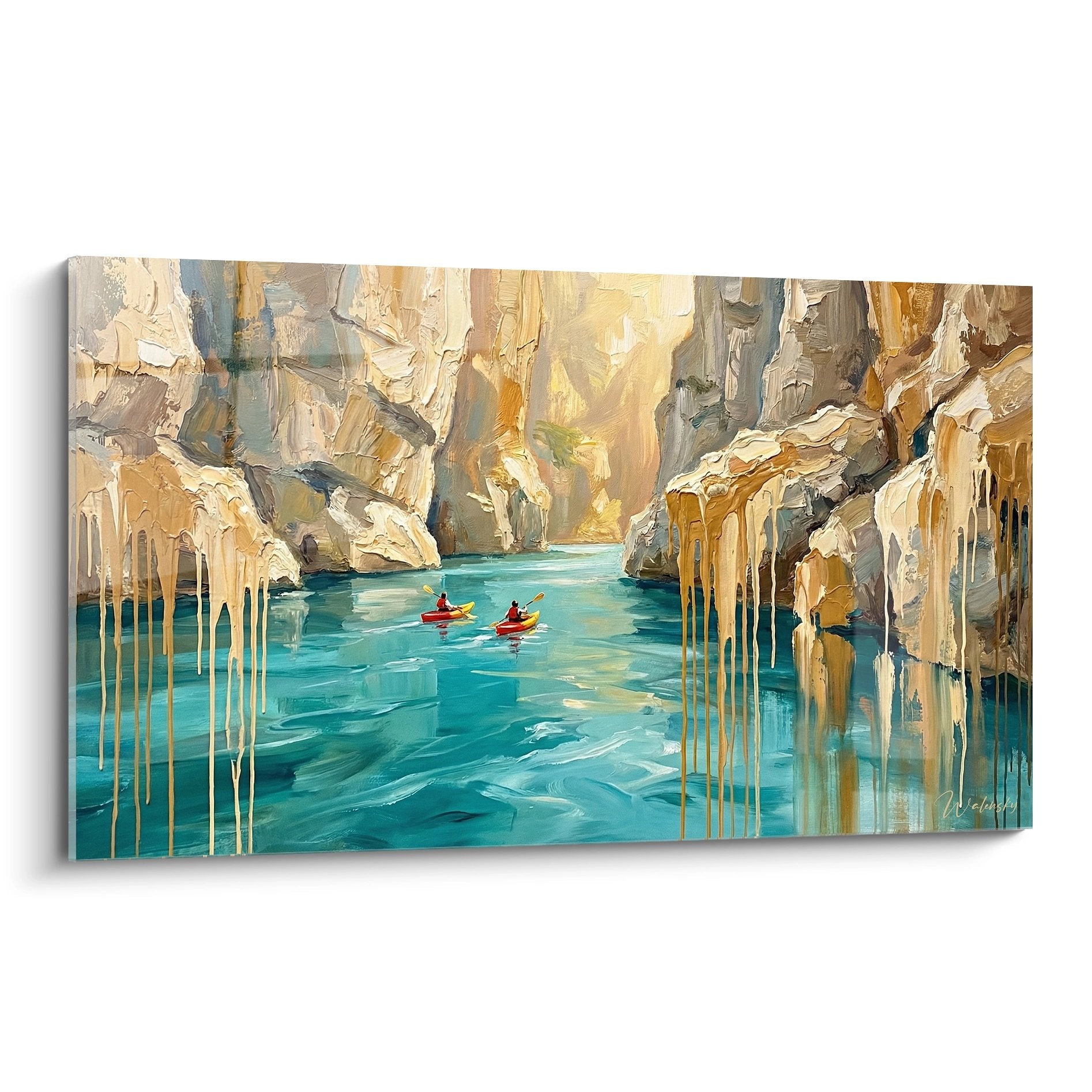 Tableau moderne représentant des kayakistes dans les eaux turquoise des Gorges du Verdon avec falaises ocre