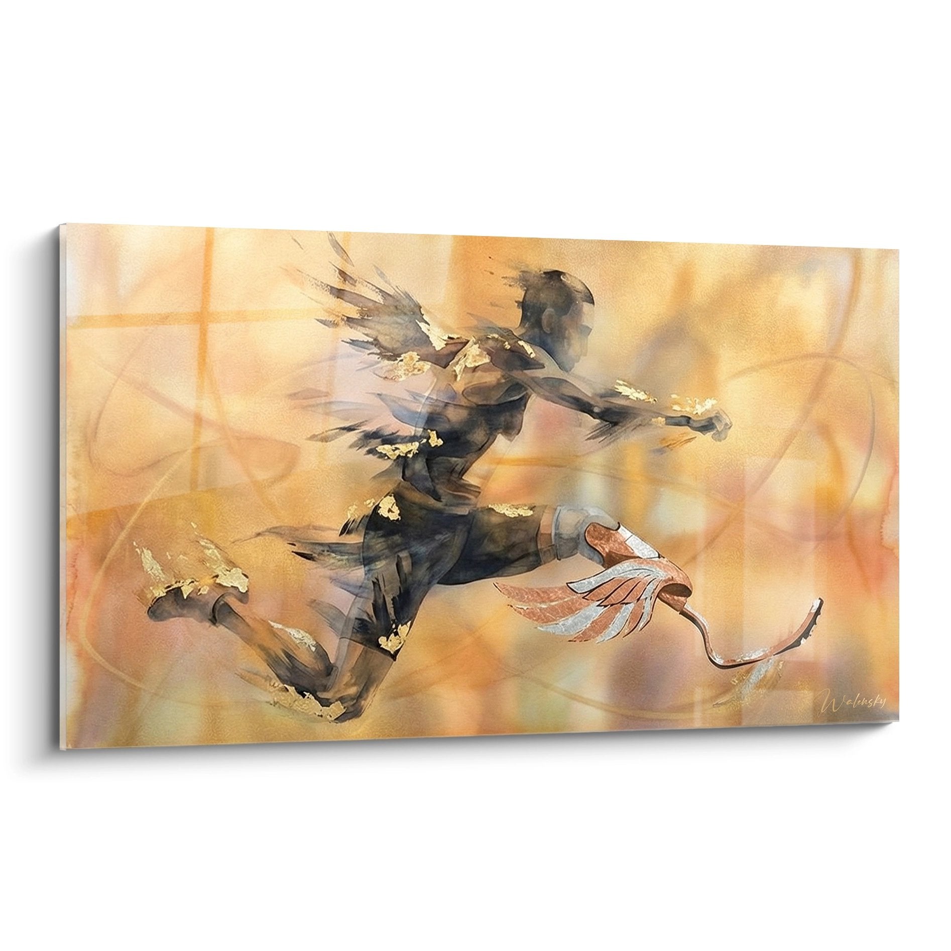 Tableau aquarelle d'un athlète paralympique en mouvement avec prothèses stylisées en ailes dorées
