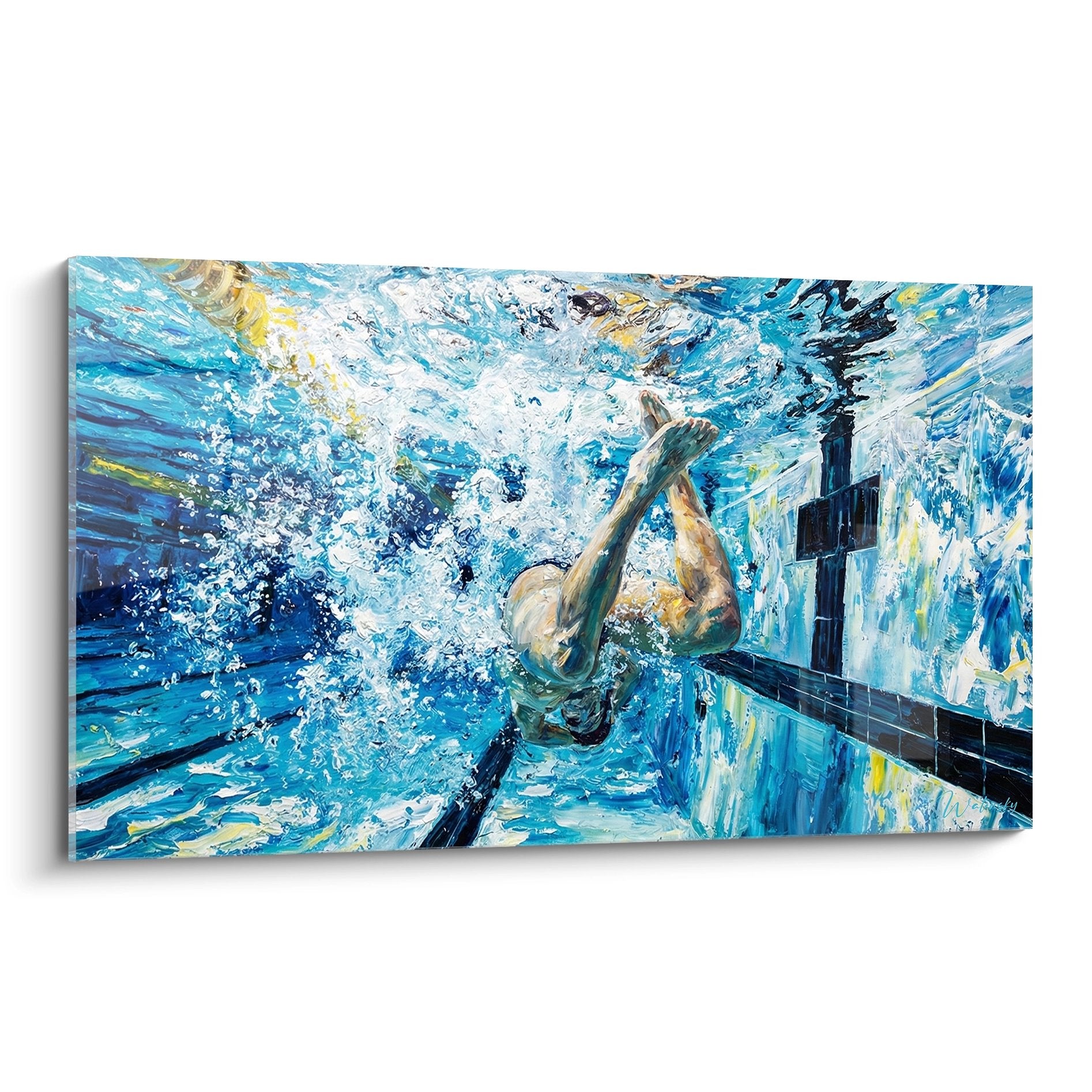 Tableau moderne natation montrant un plongeur sous l'eau avec éclaboussures dans une piscine