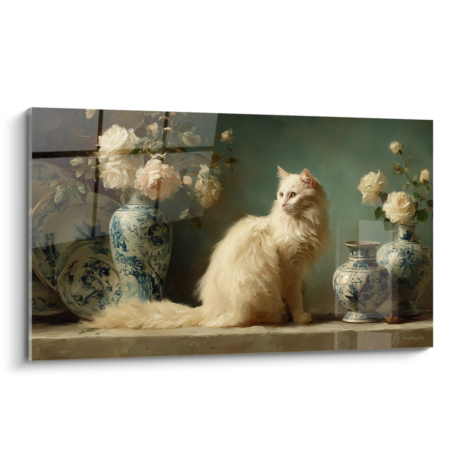 Tavolo Chat Bianca con Porcellane Blu - Eleganza Felina - Edizione Gatto Birmano