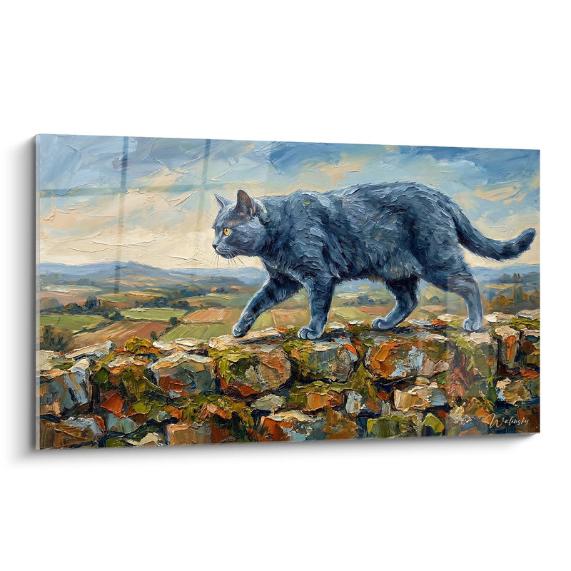 Tableau Chat Chartreux sur Muret de Pierre - Contemplation Rurale - Edition chat Chartreux