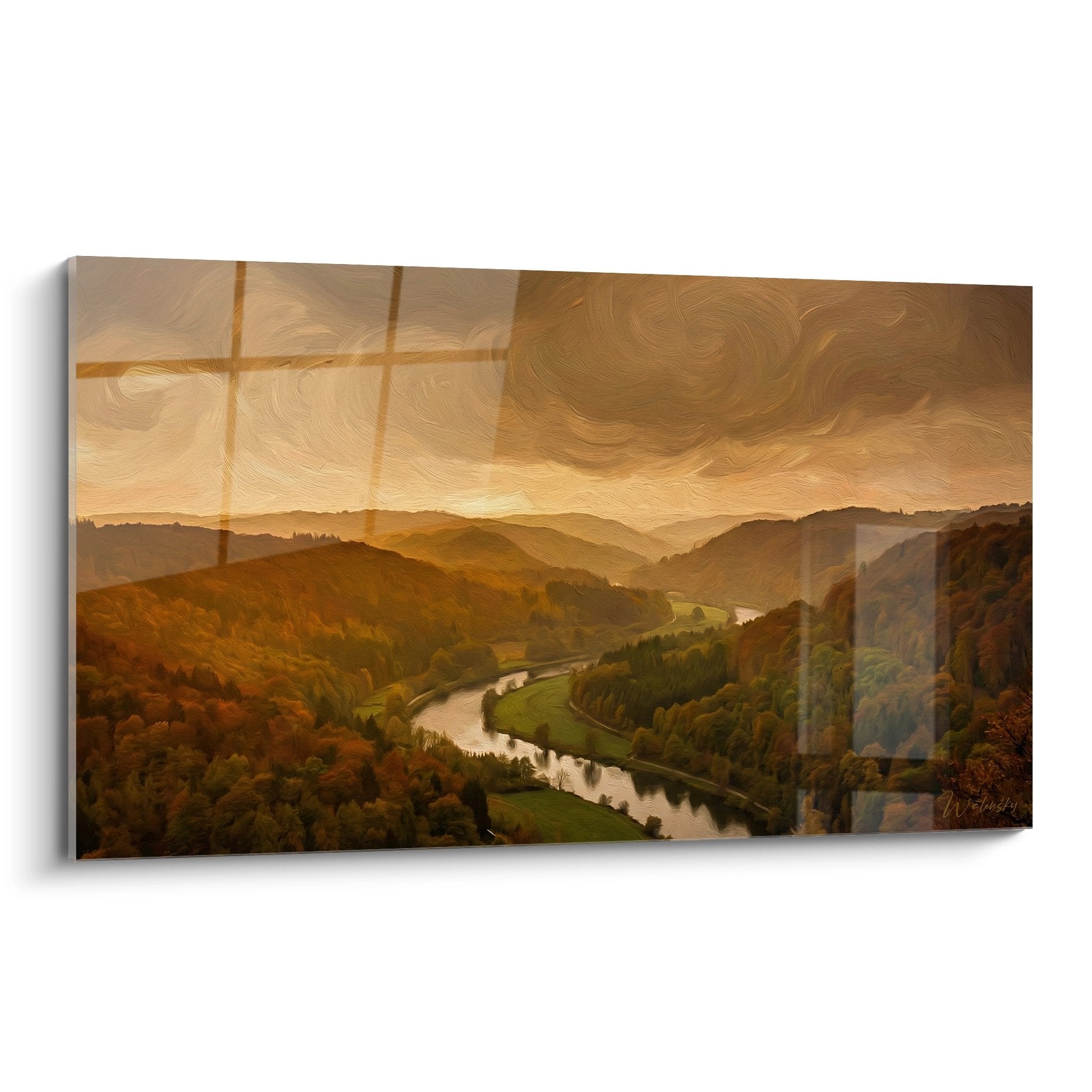 Tableau paysage vallée normande lumière dorée rivière serpentine collines boisées coucher soleil campagne française