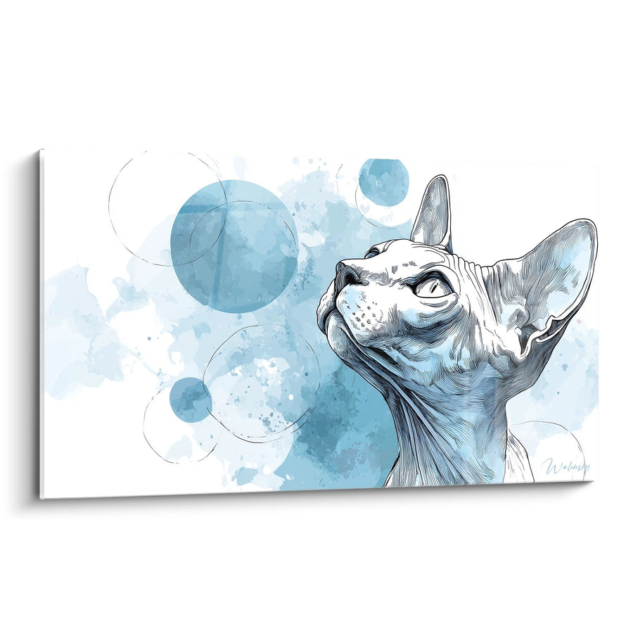 Tableau Chat Sphynx Aquarelle Bleu - Regard Contemplatif - Edition chat Sphynx