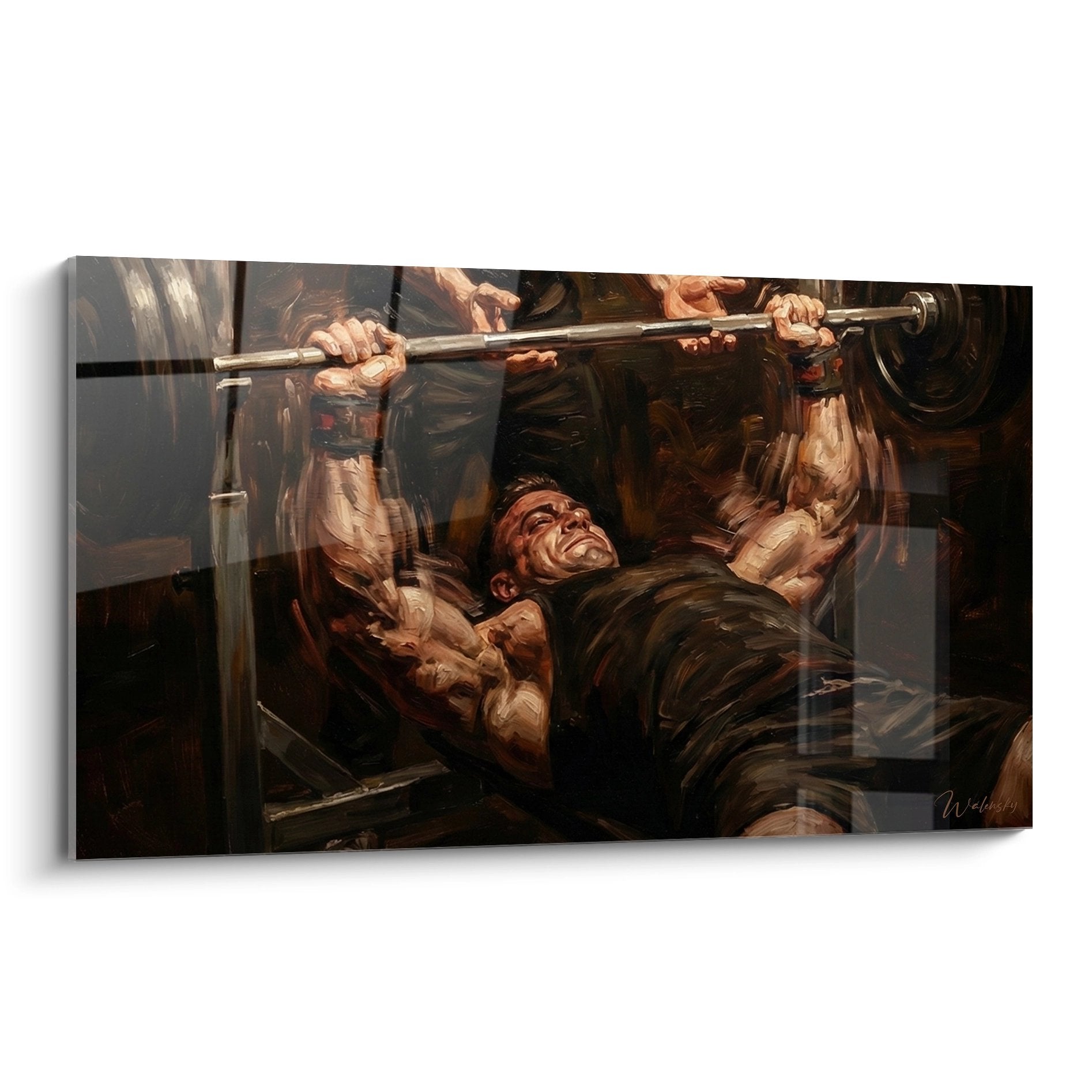 Tableau artistique développé couché musculation montrant un athlète soulevant des poids avec intensité