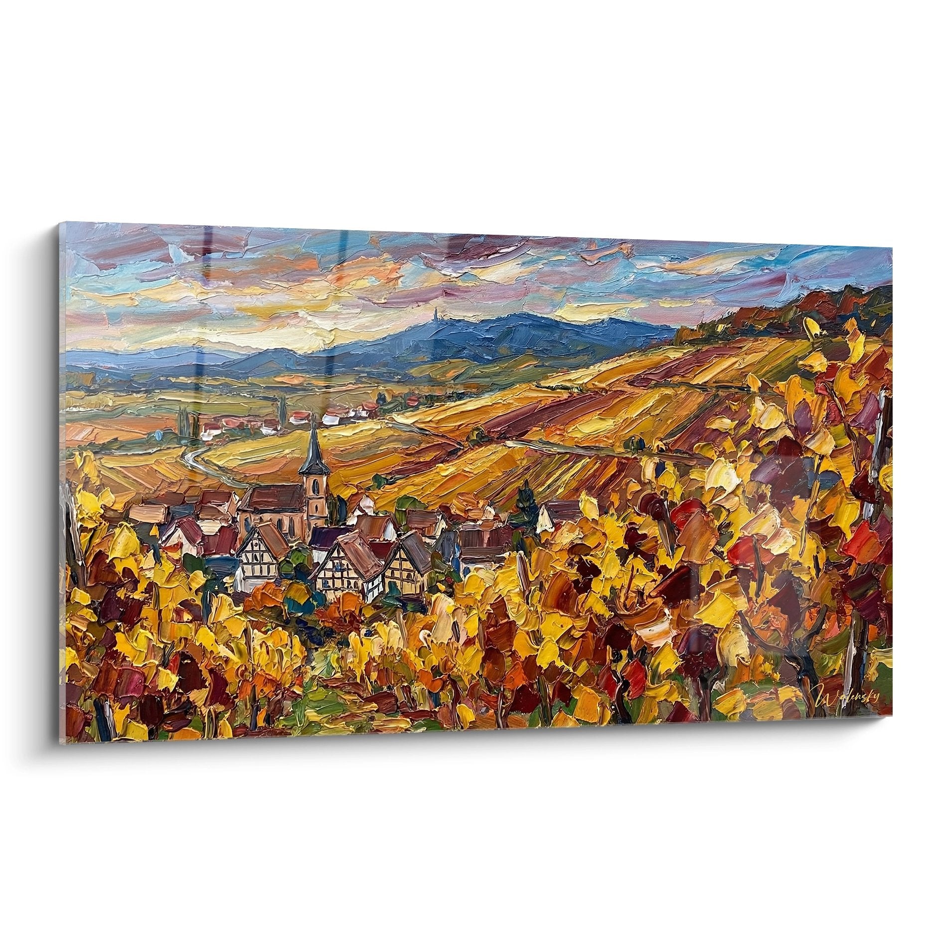 Tableau village alsacien en automne avec vignobles dores, maisons a colombages et eglise au coeur des Vosges