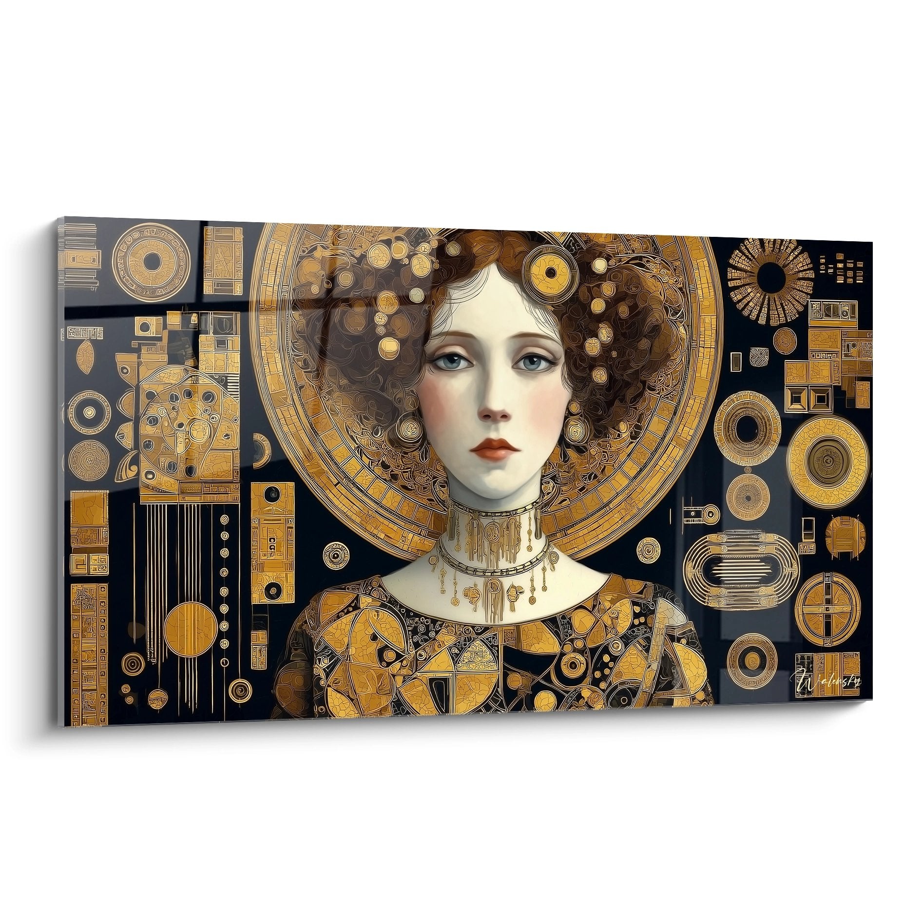 Tableau art déco femme aux cheveux bouclés entourée de motifs géométriques dorés sur fond noir