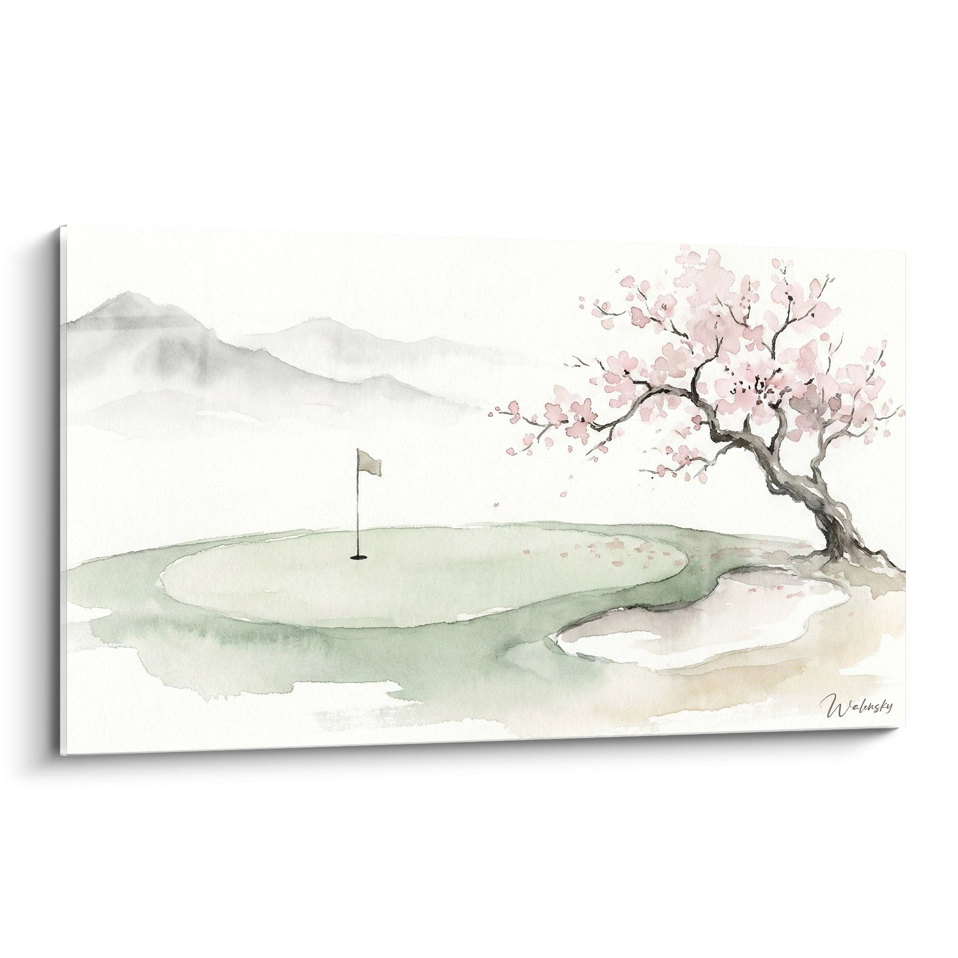Tableau golf aquarelle avec cerisier japonais en fleurs, green et montagnes zen - art mural golf