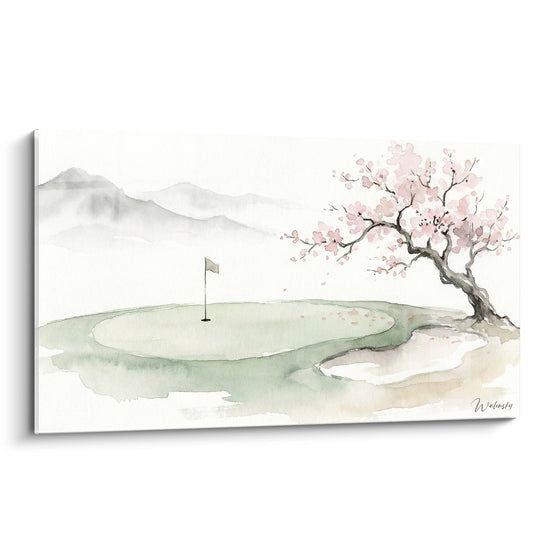 Golfgemälde Aquarell mit blühendem japanischem Kirschbaum, Golfplatz und Zen-Bergen - Golf-Wandkunst