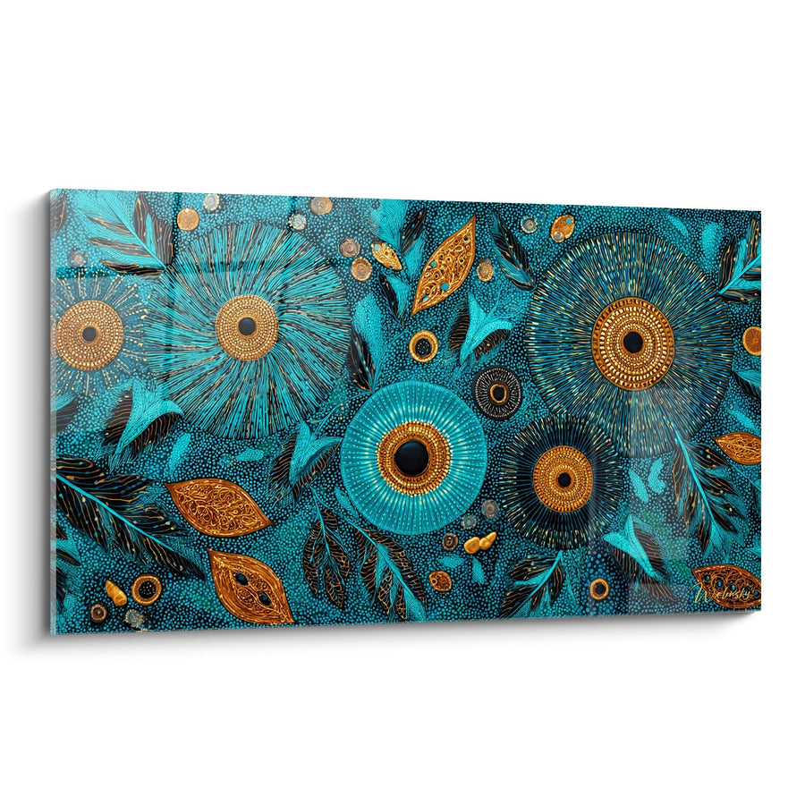 Tableau Motifs Floraux Africains - Harmonie Turquoise et Or - Edition Africain abstrait