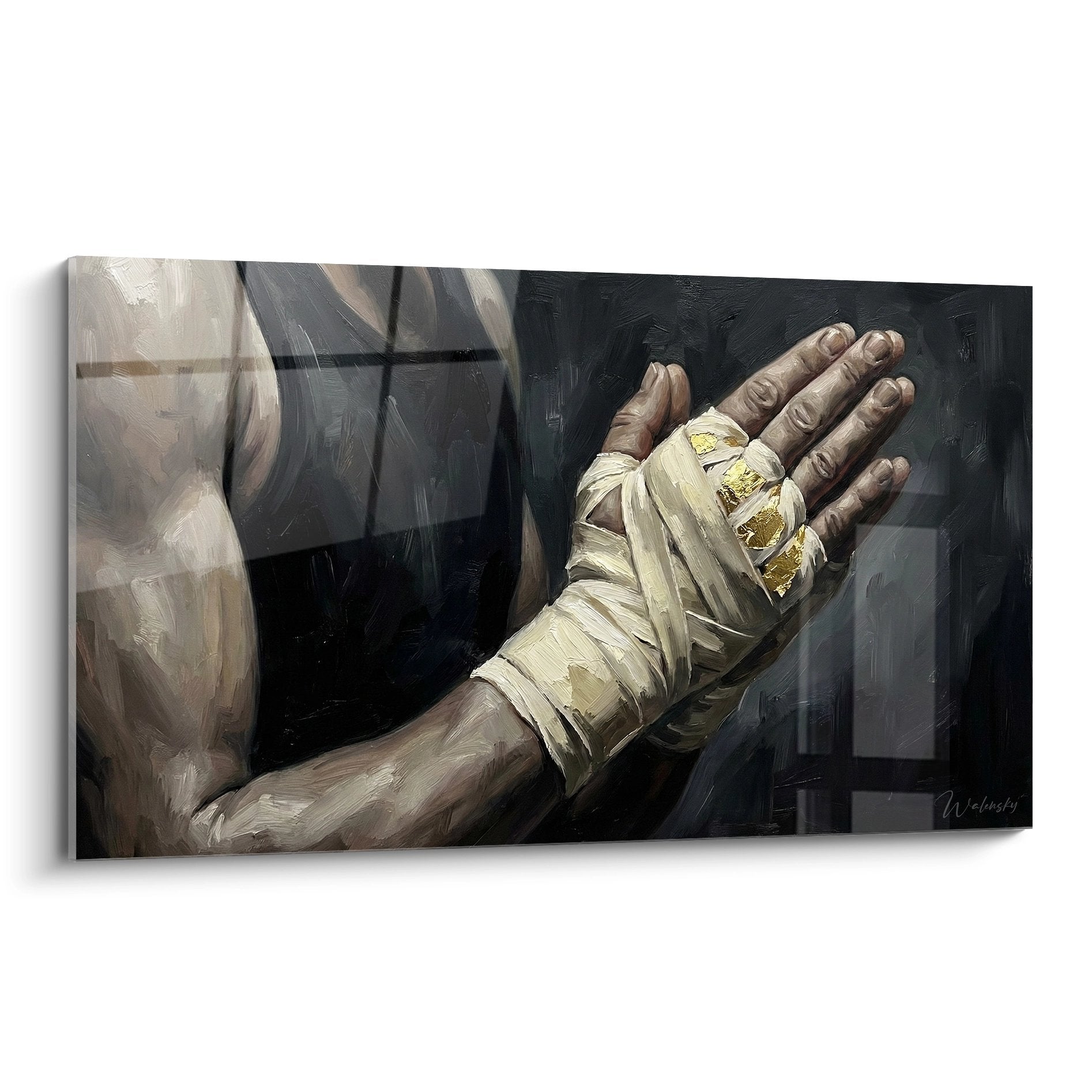 Tableau artistique main bandée de combattant MMA avec bandages blancs sur fond sombre