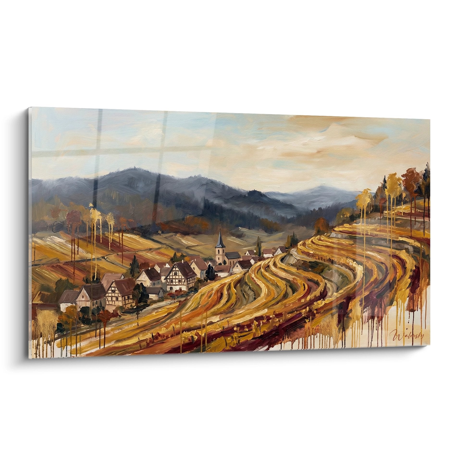 Tableau village alsacien avec vignobles en terrasses et montagnes des Vosges, style artistique contemporain
