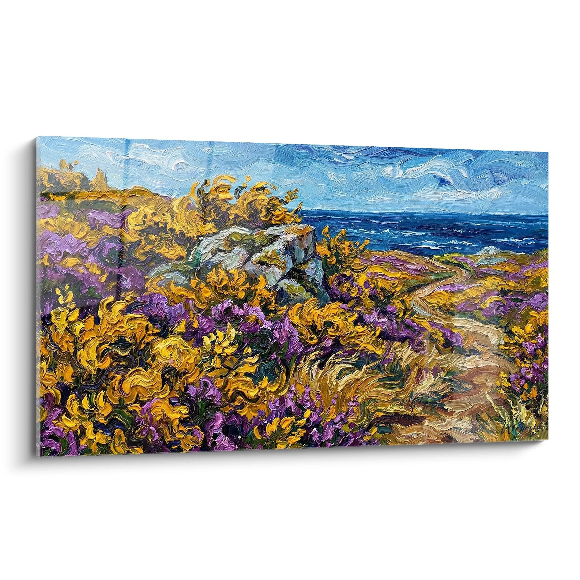 Tableau landes bretonnes avec ajoncs dores et bruyeres violettes face a l ocean atlantique style post impressionniste