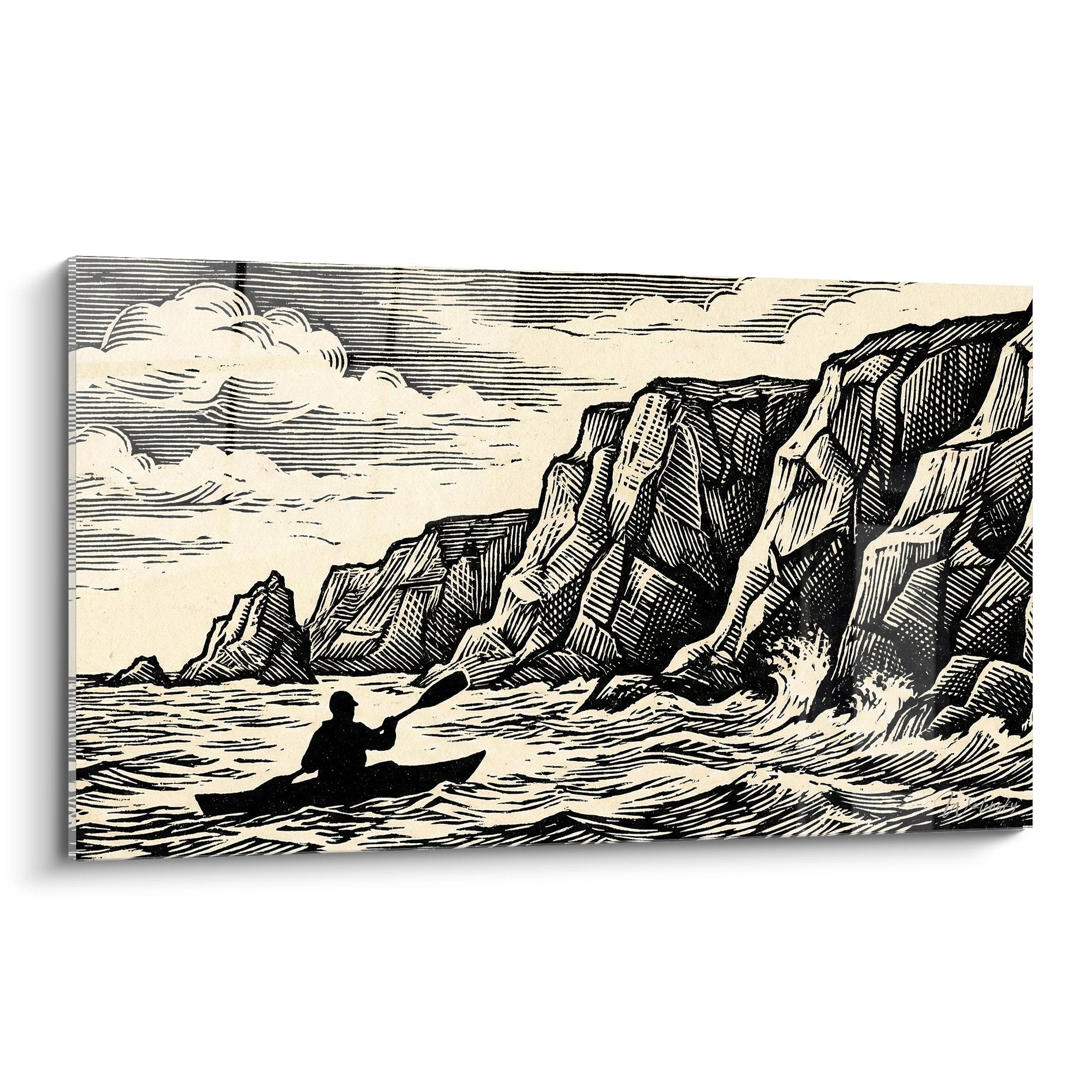 Tableau gravure vintage kayakeur naviguant pres falaises rocheuses avec vagues et nuages style retro