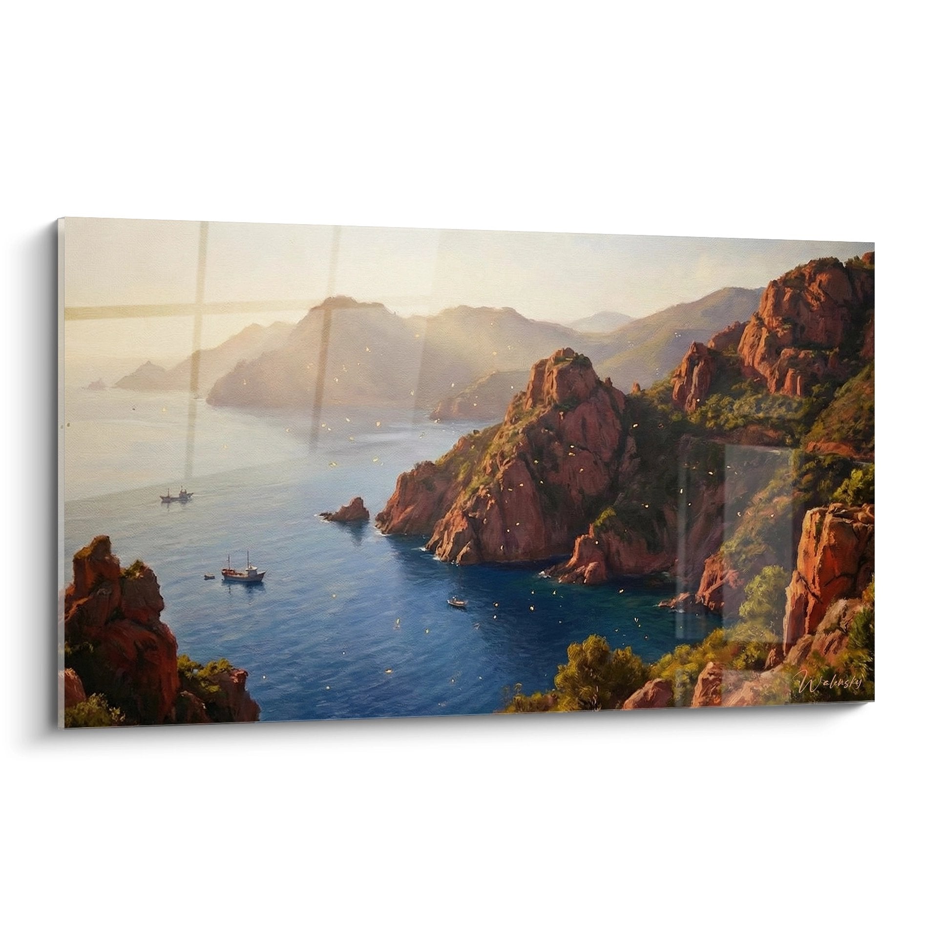 Tableau paysage côte rocheuse corse avec falaises rouges, mer turquoise et voiliers au coucher de soleil