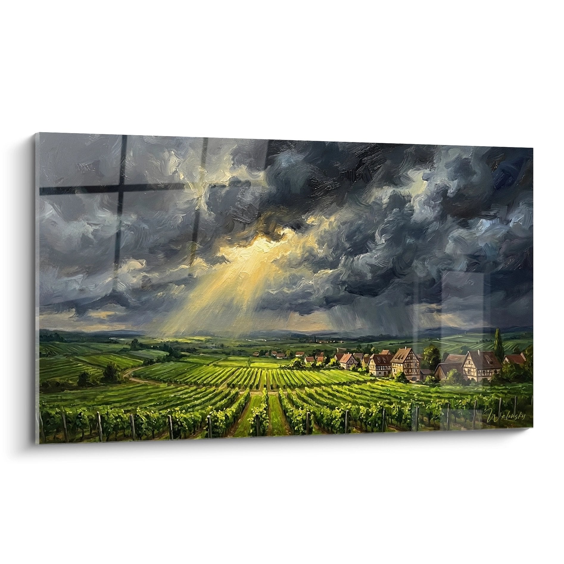 Tableau vignobles alsaciens avec lumiere doree percant nuages orageux sur village traditionnel