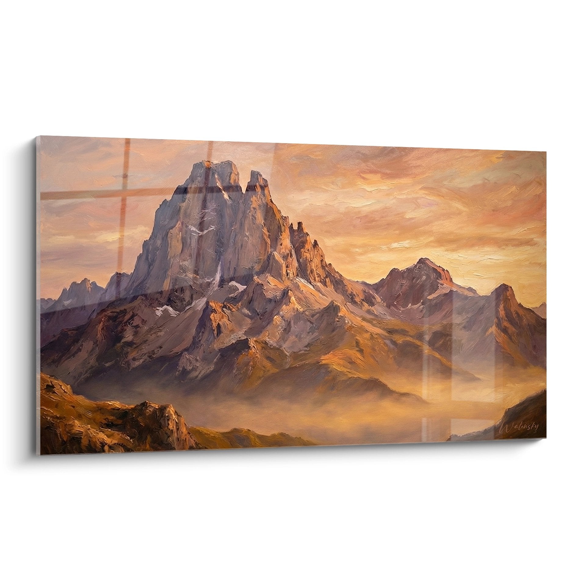Tableau peinture montagne pyrénéenne au coucher de soleil avec pic rocheux et ciel doré