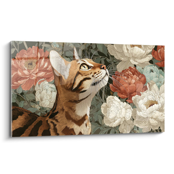 Schilderij Toyger Kat met Pioenen - Bloementuin - Editie Toyger kat