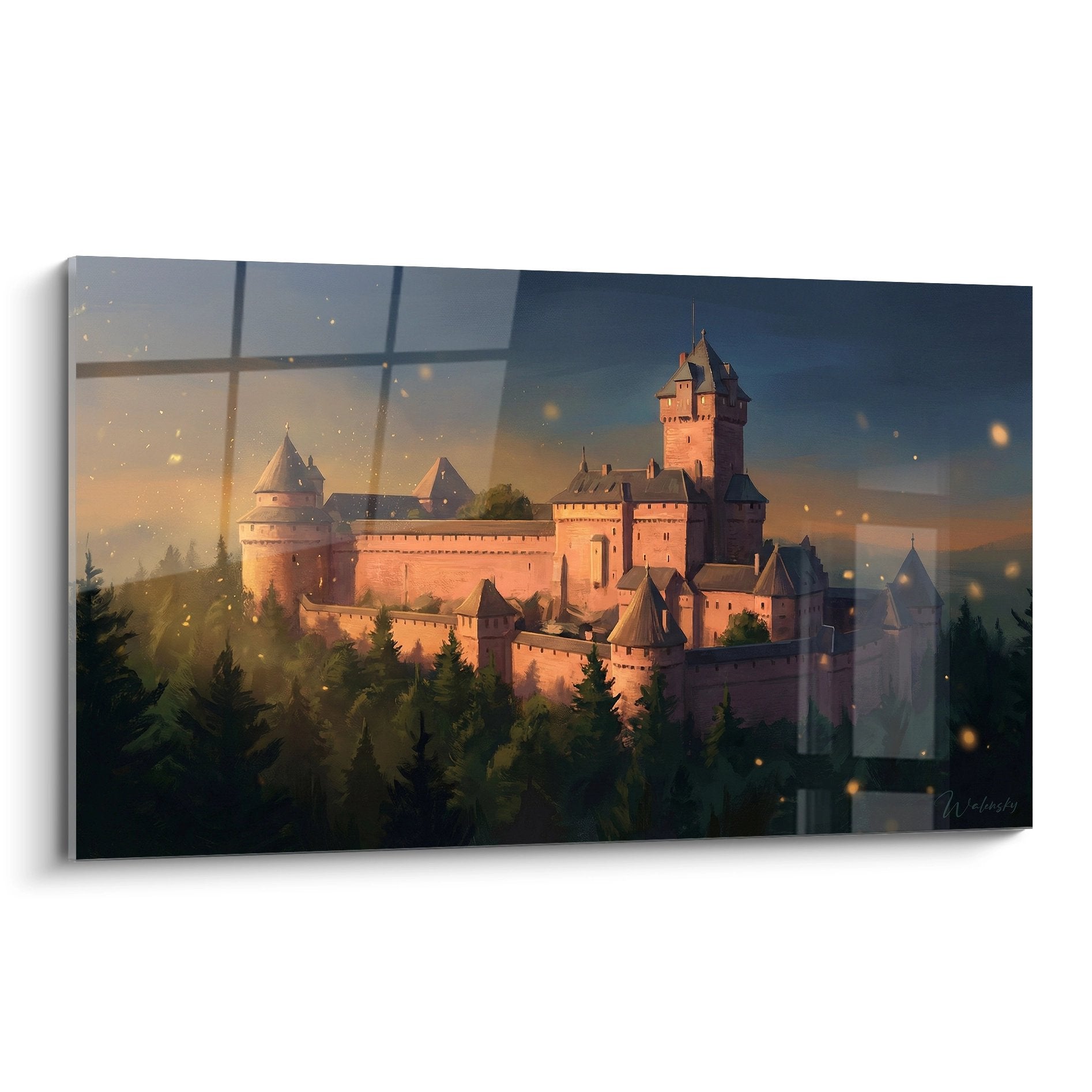 Tableau château Haut-Koenigsbourg Alsace au crépuscule avec lumière dorée et forêt de conifères