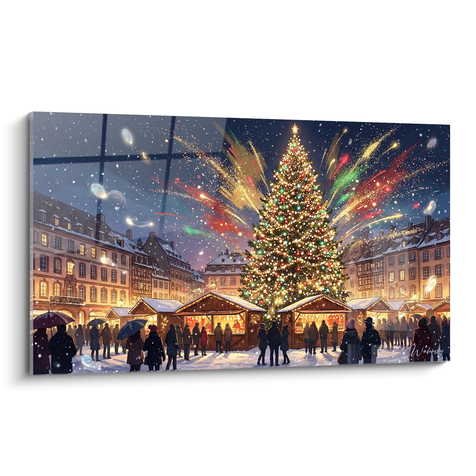 Tableau marché de Noël alsacien avec grand sapin illuminé, chalets traditionnels et architecture à colombages sous la neige