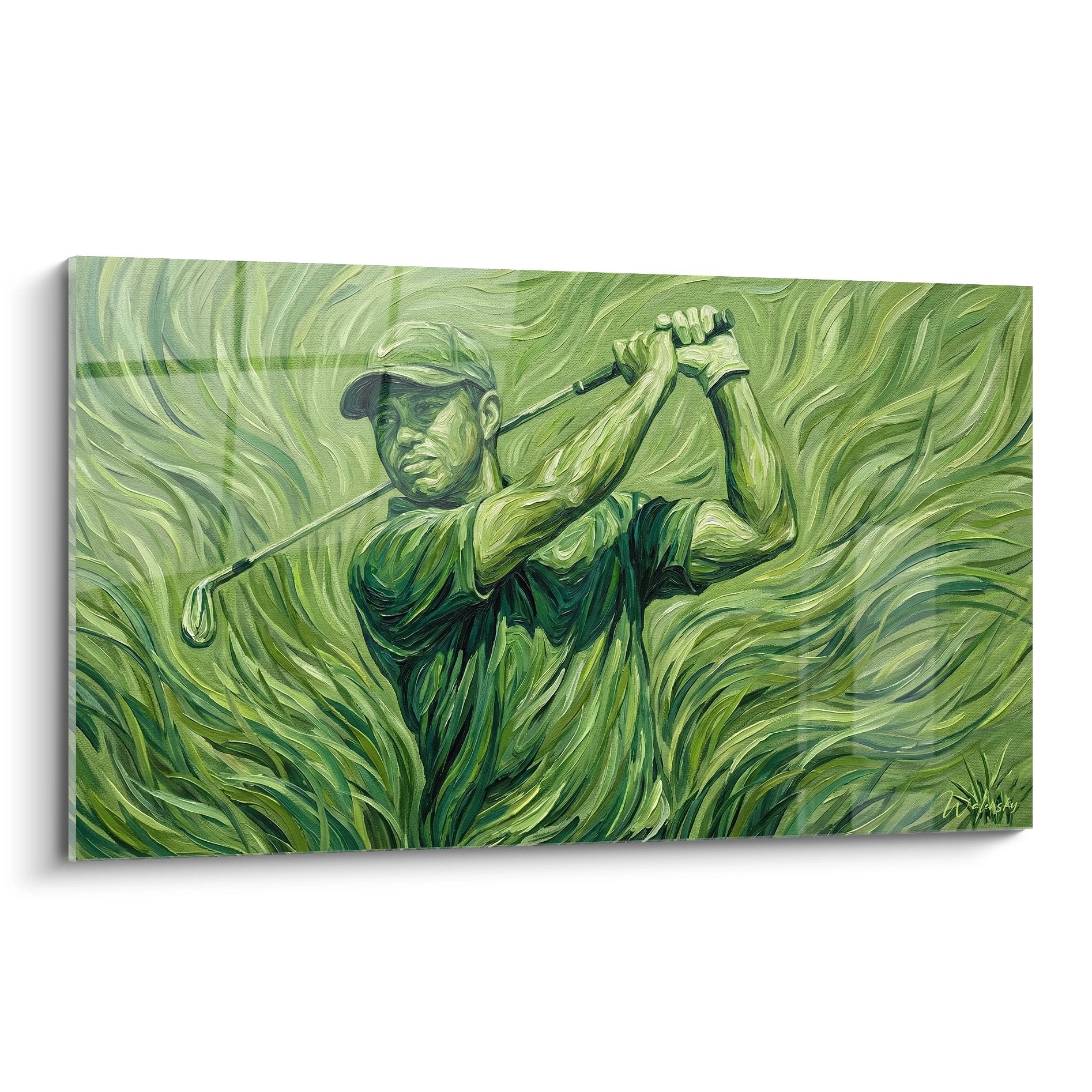 Tableau golf style Van Gogh montrant golfeur en swing avec tourbillons verts artistiques