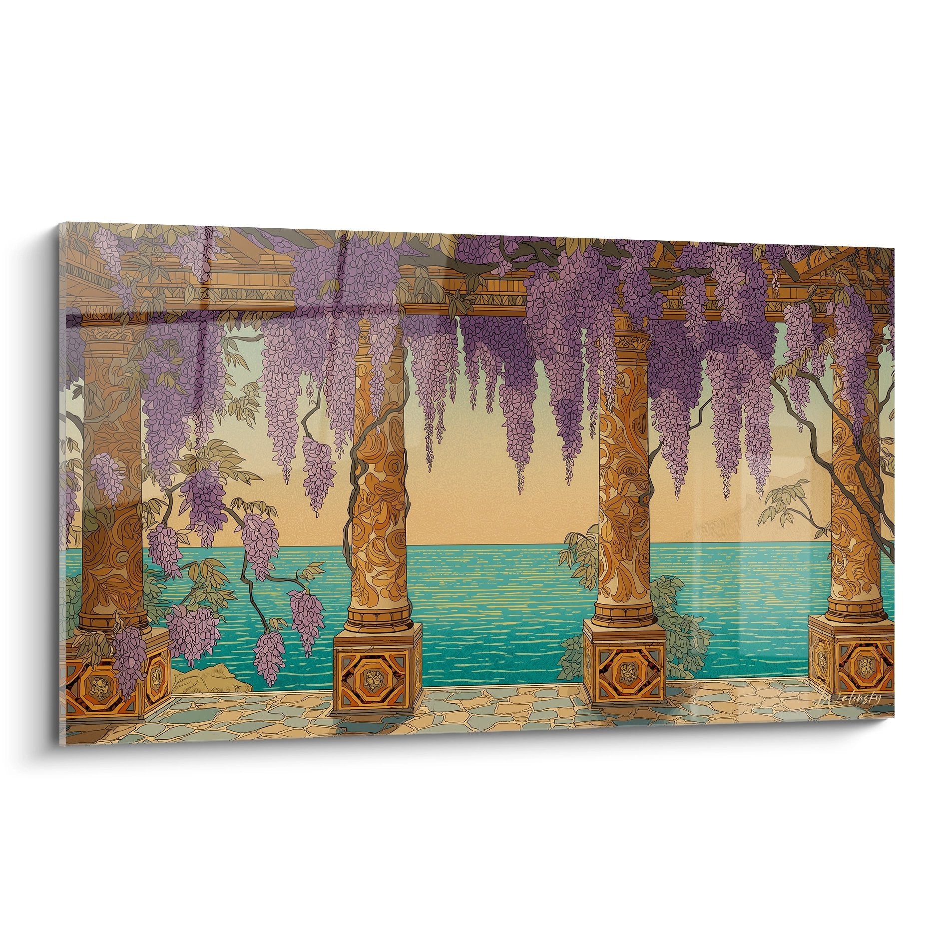 Tableau pergola mediterraneenne avec glycines violettes sur colonnade antique face a la mer turquoise Cote d'Azur