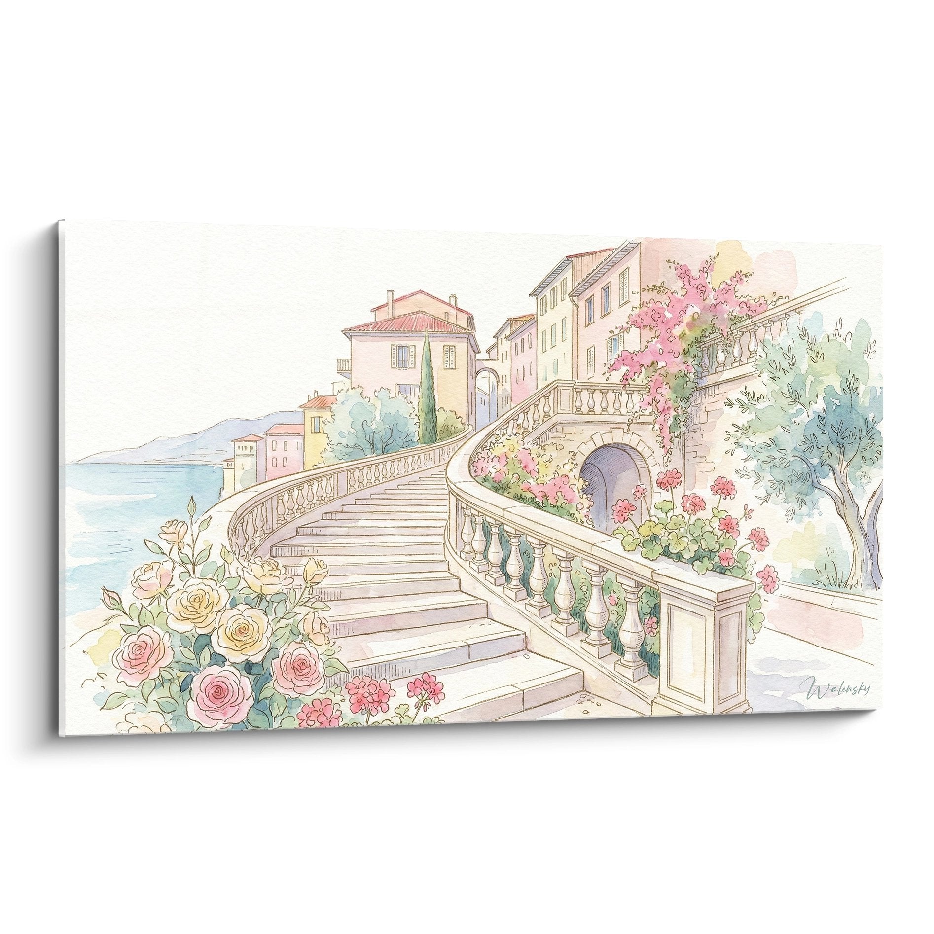 Tableau aquarelle villa méditerranéenne avec escalier fleuri, roses et vue mer Côte d'Azur