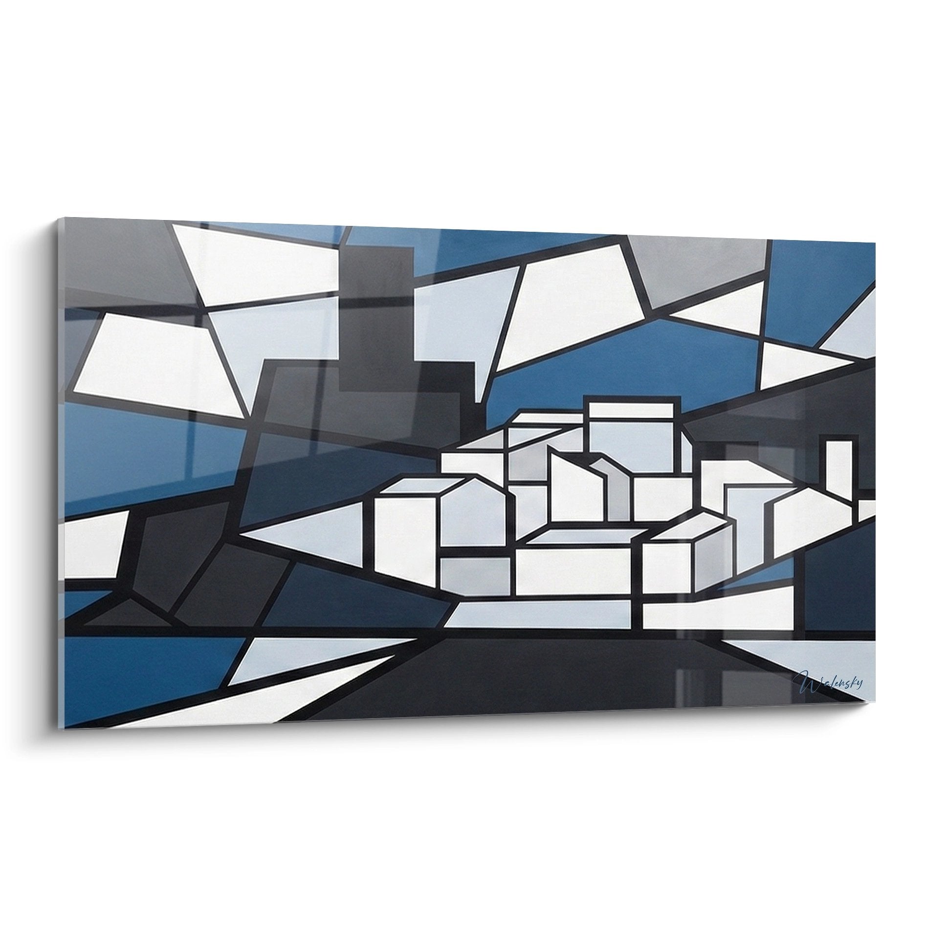 Tableau moderne architecture cubiste bleu gris blanc formes geometriques urbaines decoration murale contemporaine