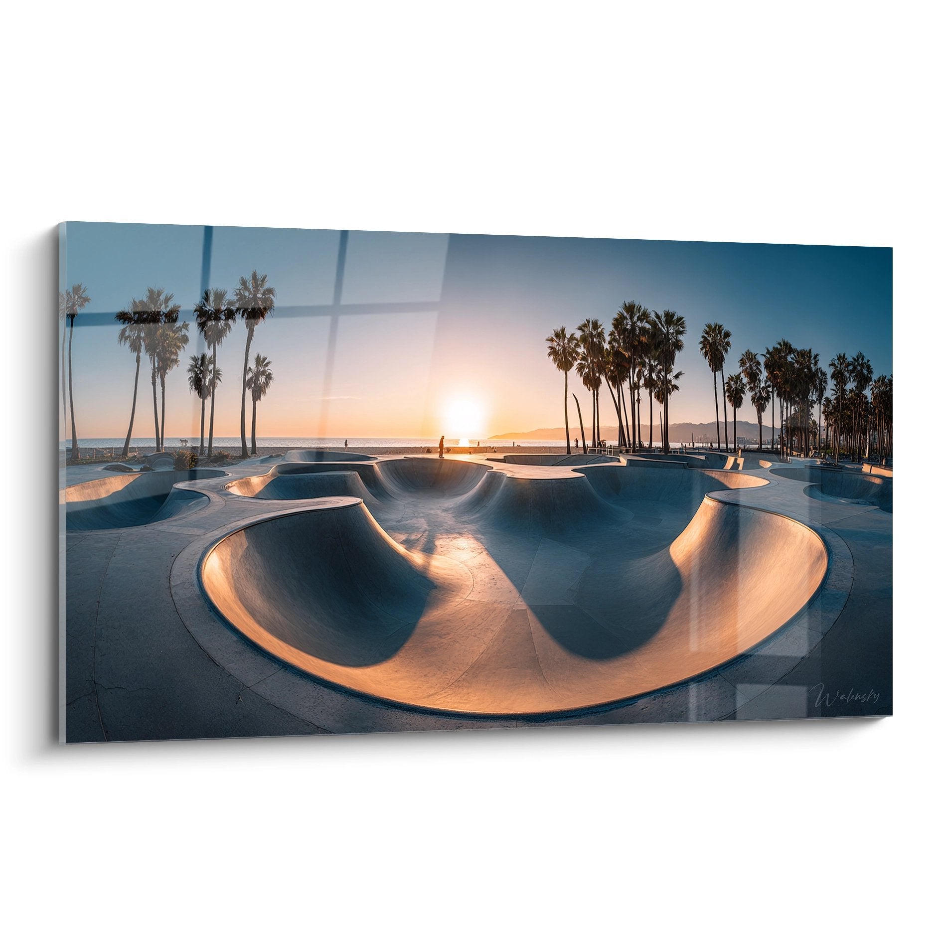 Tableau skate park Venice Beach coucher soleil palmiers bowls beton decoration skateboard californie golden hour