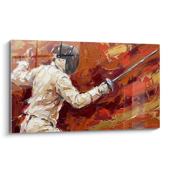 Tableau peinture escrimeur en action avec épée, couleurs chaudes rouge orange, art mural sport escrime