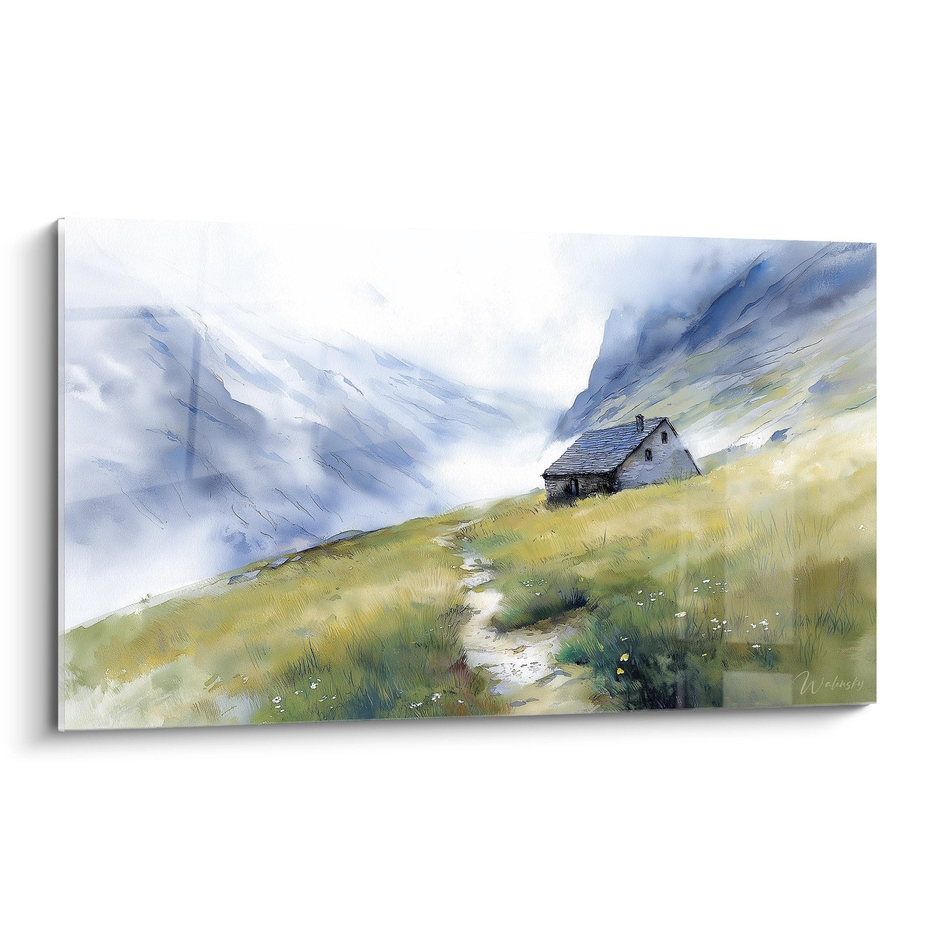 Tableau aquarelle refuge montagne Pyrénées vallée verte sentier paysage pastoral