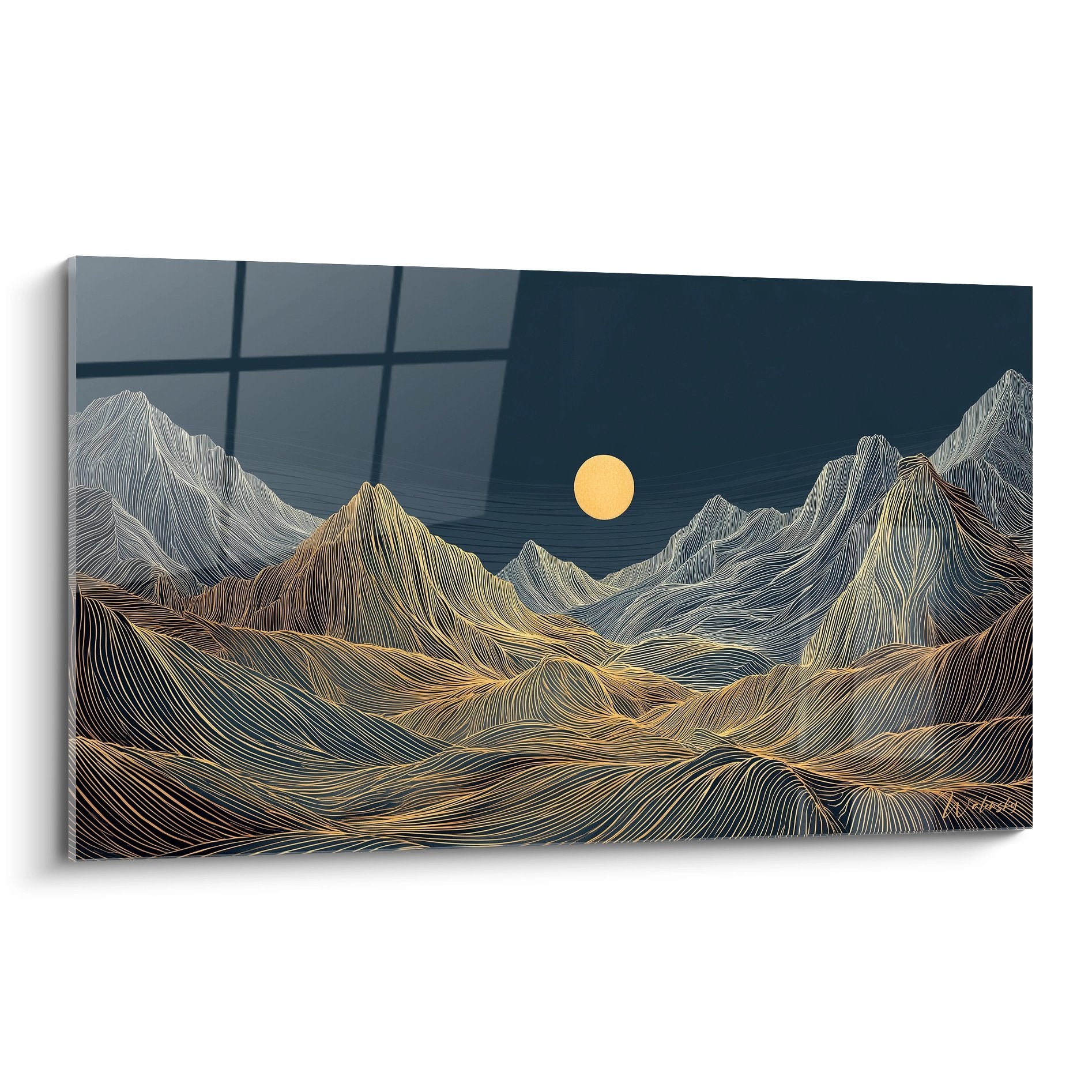 Tableau art deco paysage montagneux aux lignes dorees avec pleine lune sur ciel bleu marine nocturne