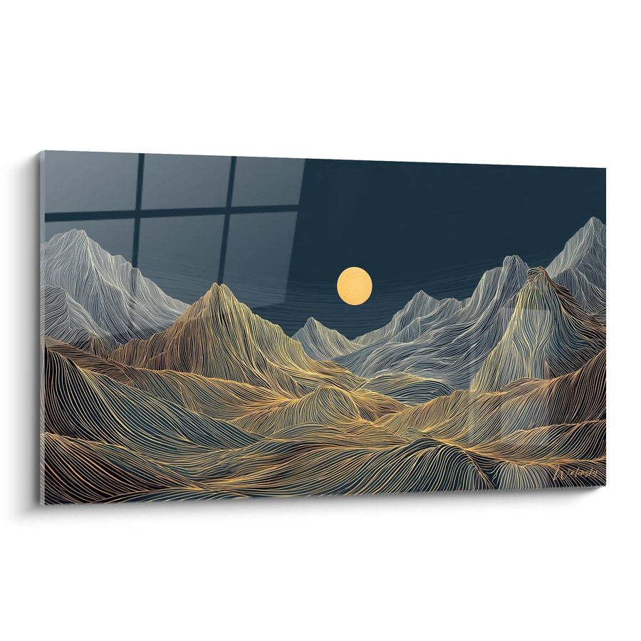 Tableau Paysage Montagneux - Lignes d'Or au Clair de Lune - Edition Art déco