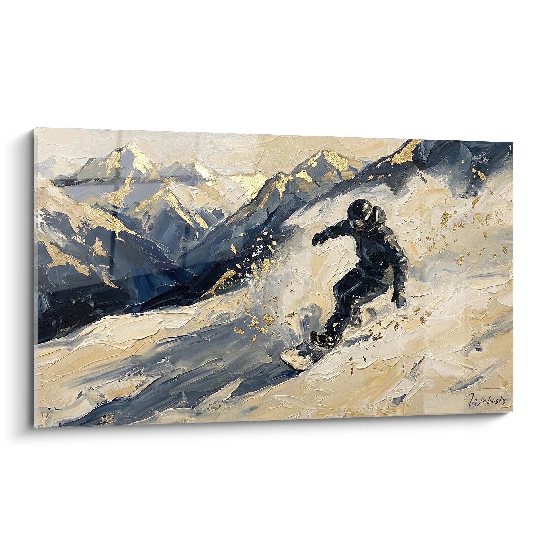 Tableau snowboard montagne avec rider en action dans la poudreuse sur pentes enneigees panorama alpin