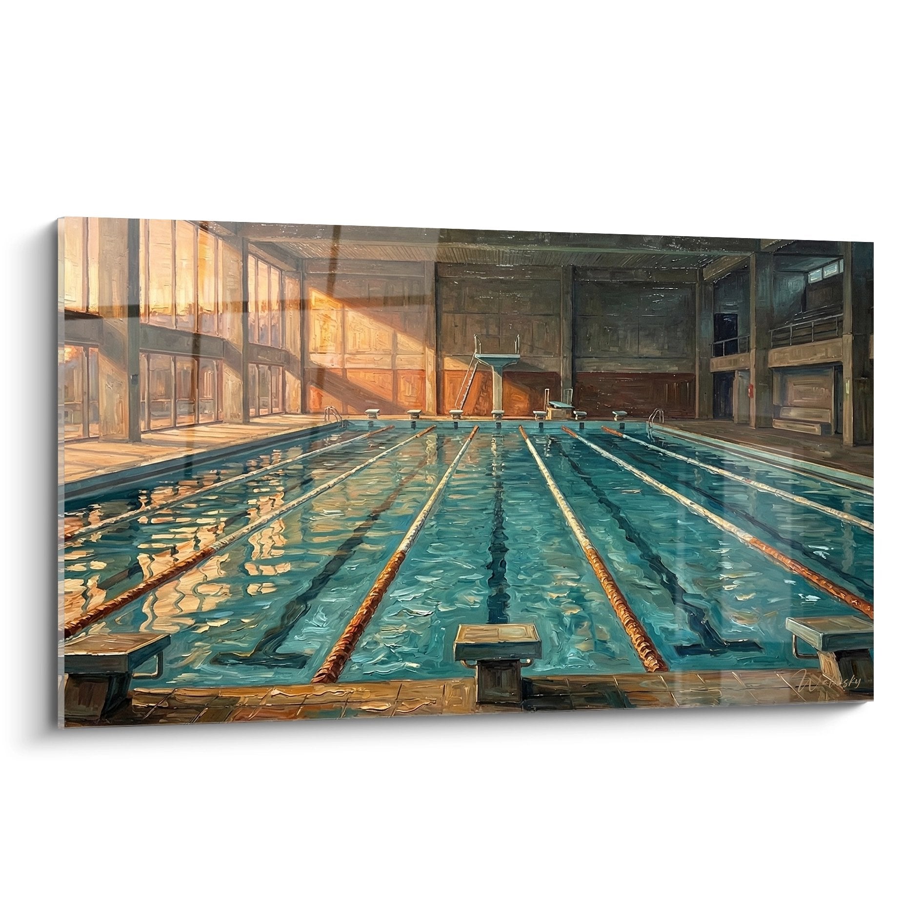 Tableau piscine olympique vintage avec bassin d'entrainement et architecture retro baigne de lumiere doree