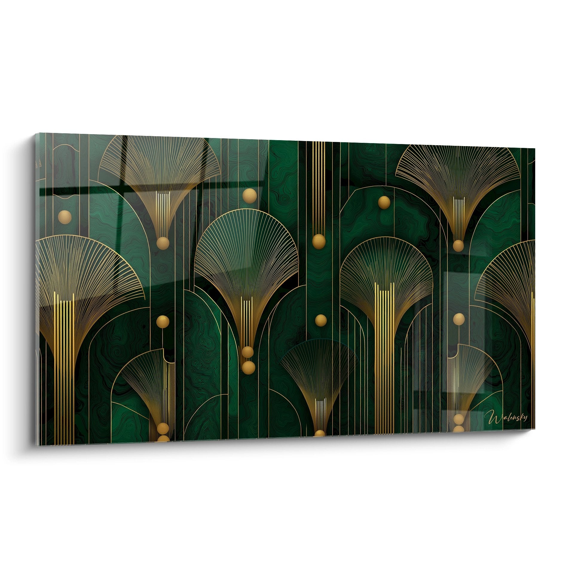 Tableau art déco avec motifs d'éventails dorés sur fond vert émeraude, style années 20 luxueux