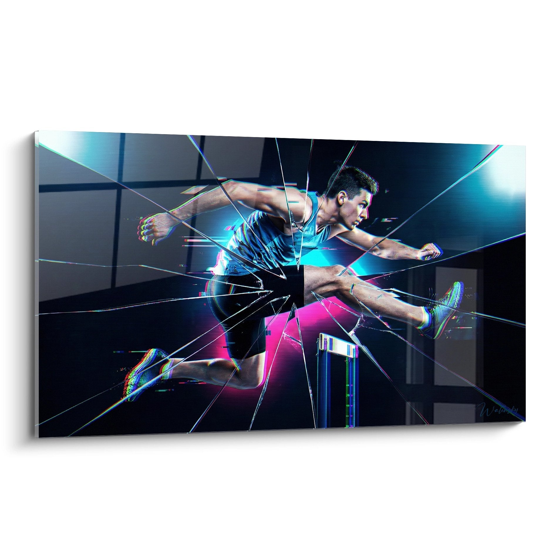 Tableau moderne d'un athlète sautant une haie avec effets visuels futuristes bleus et roses