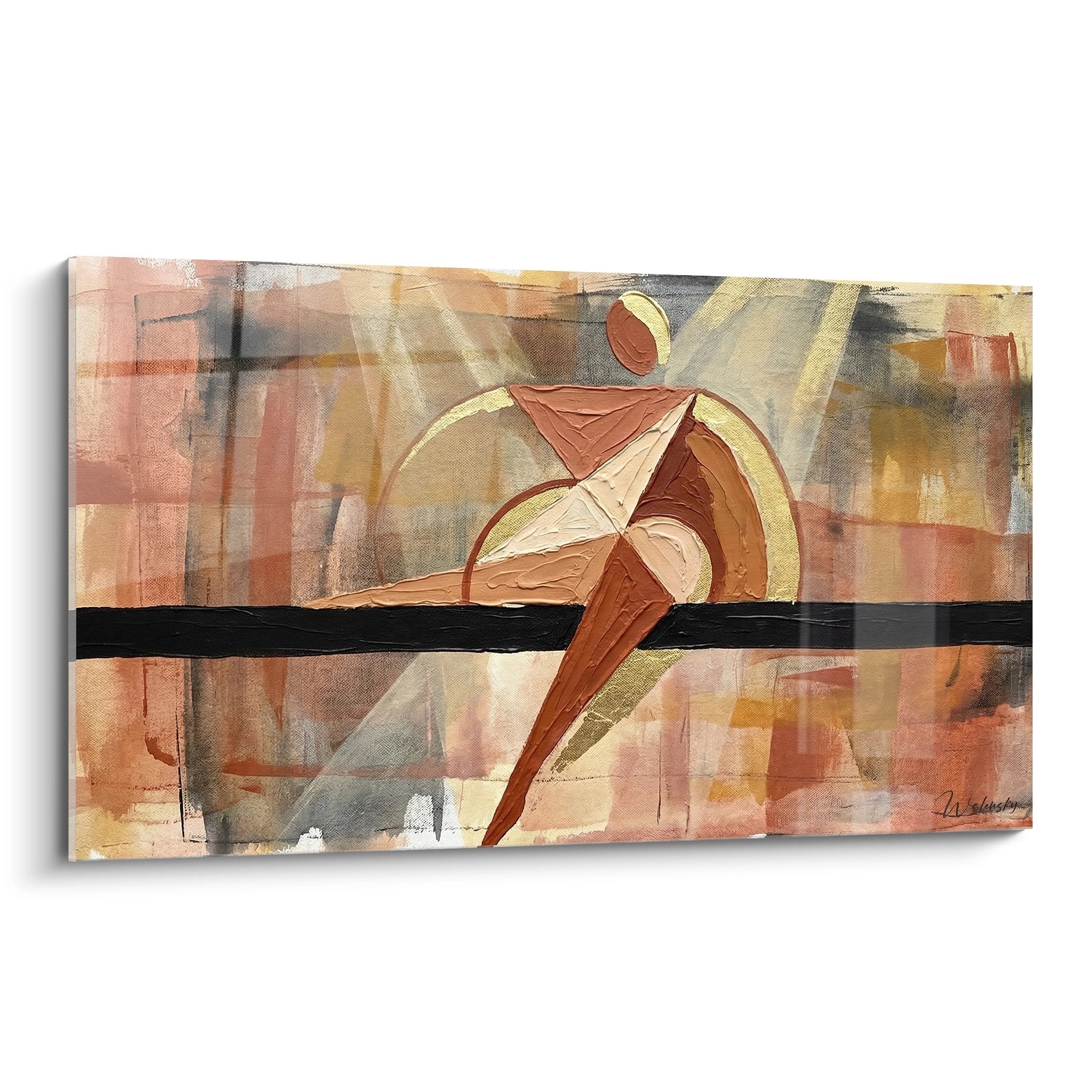 Tableau abstrait gymnastique tons chauds représentant silhouette gymnaste en mouvement sur poutre